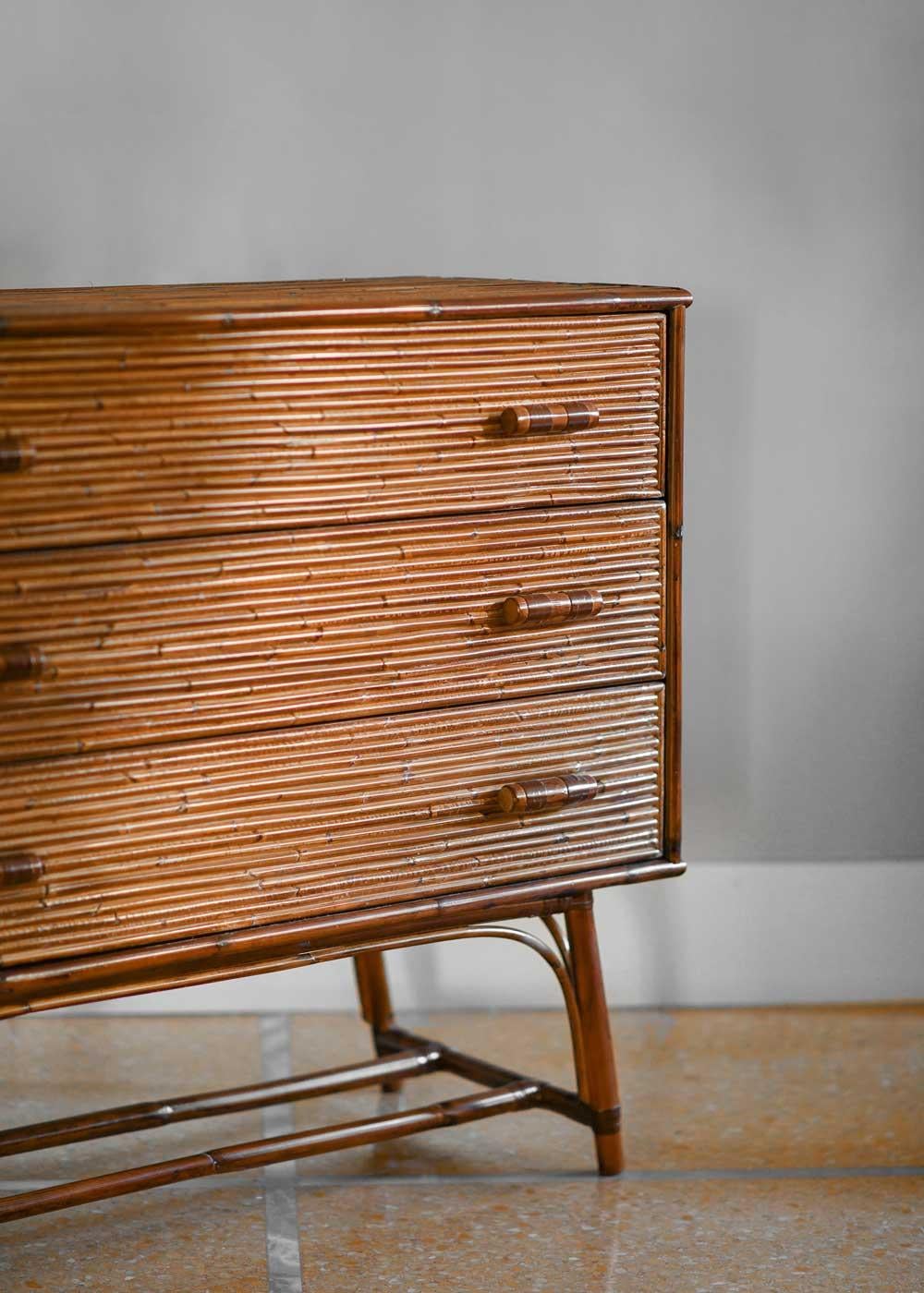 Leather Bamboo chest of drawers with leather bindings. Italian production. For Sale