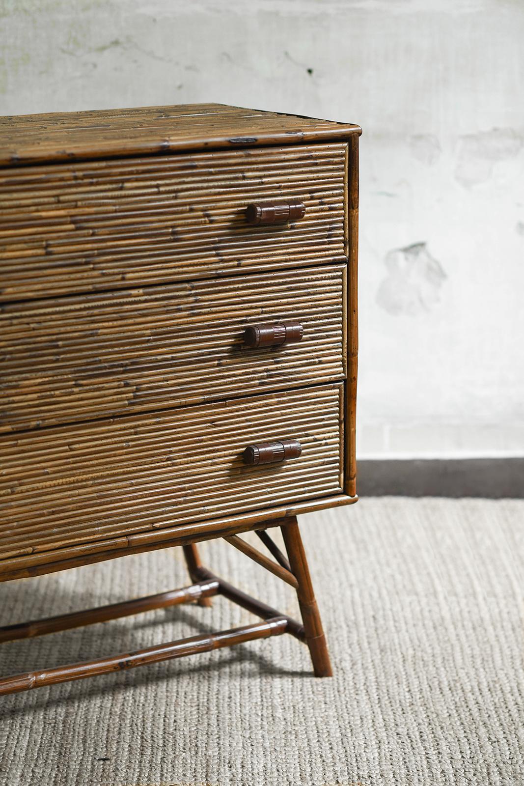 Contemporary Bamboo chest of drawers with legs and leather bindings – Molto Editions For Sale