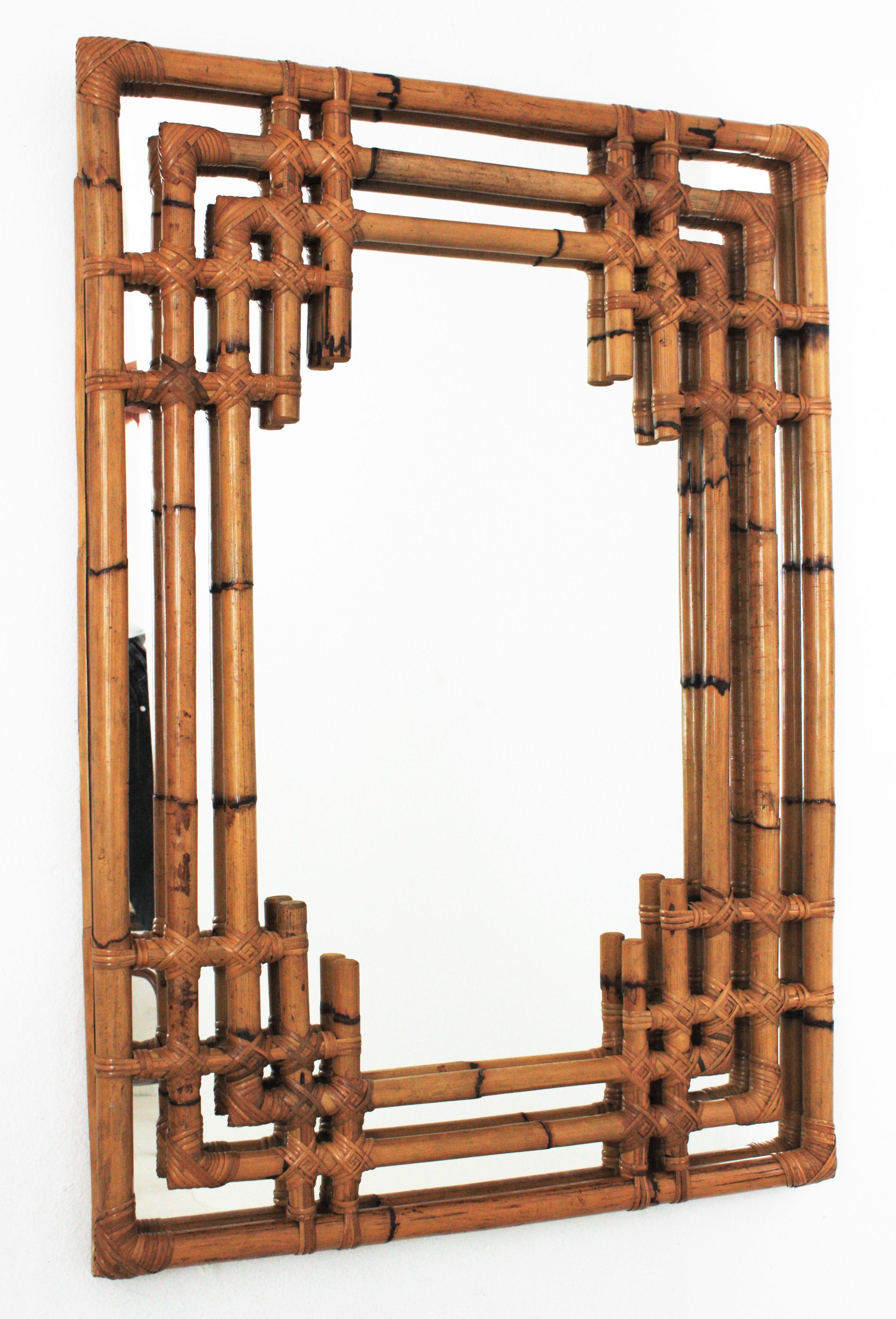 Bamboo Rattan Large Rectangular Wall Mirror, 1960s 4