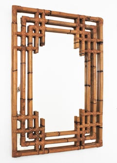 Bamboo Rattan Large Rectangular Wall Mirror, 1960s