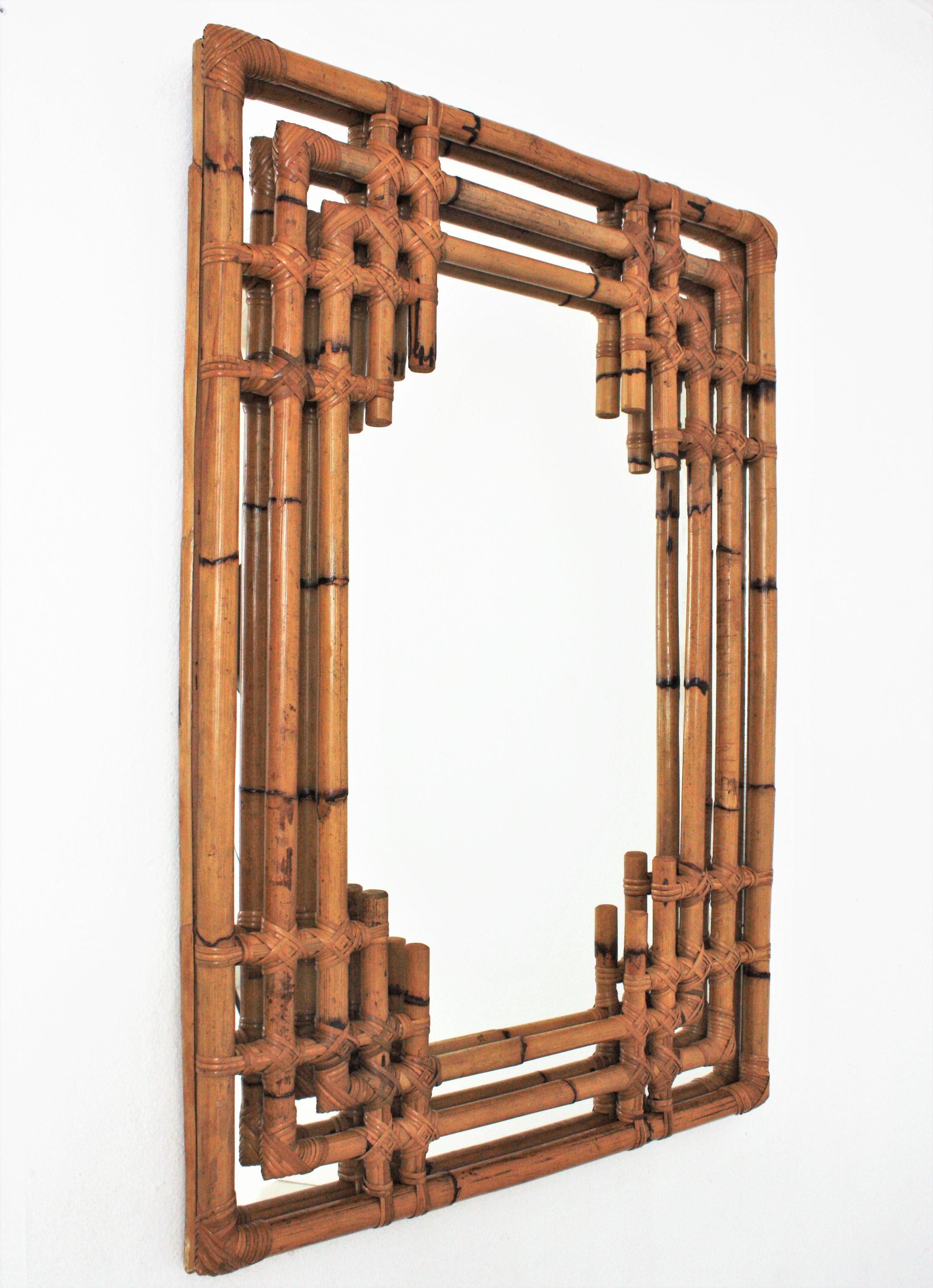 Mid-Century Modern Bamboo Rattan Large Rectangular Wall Mirror, 1960s