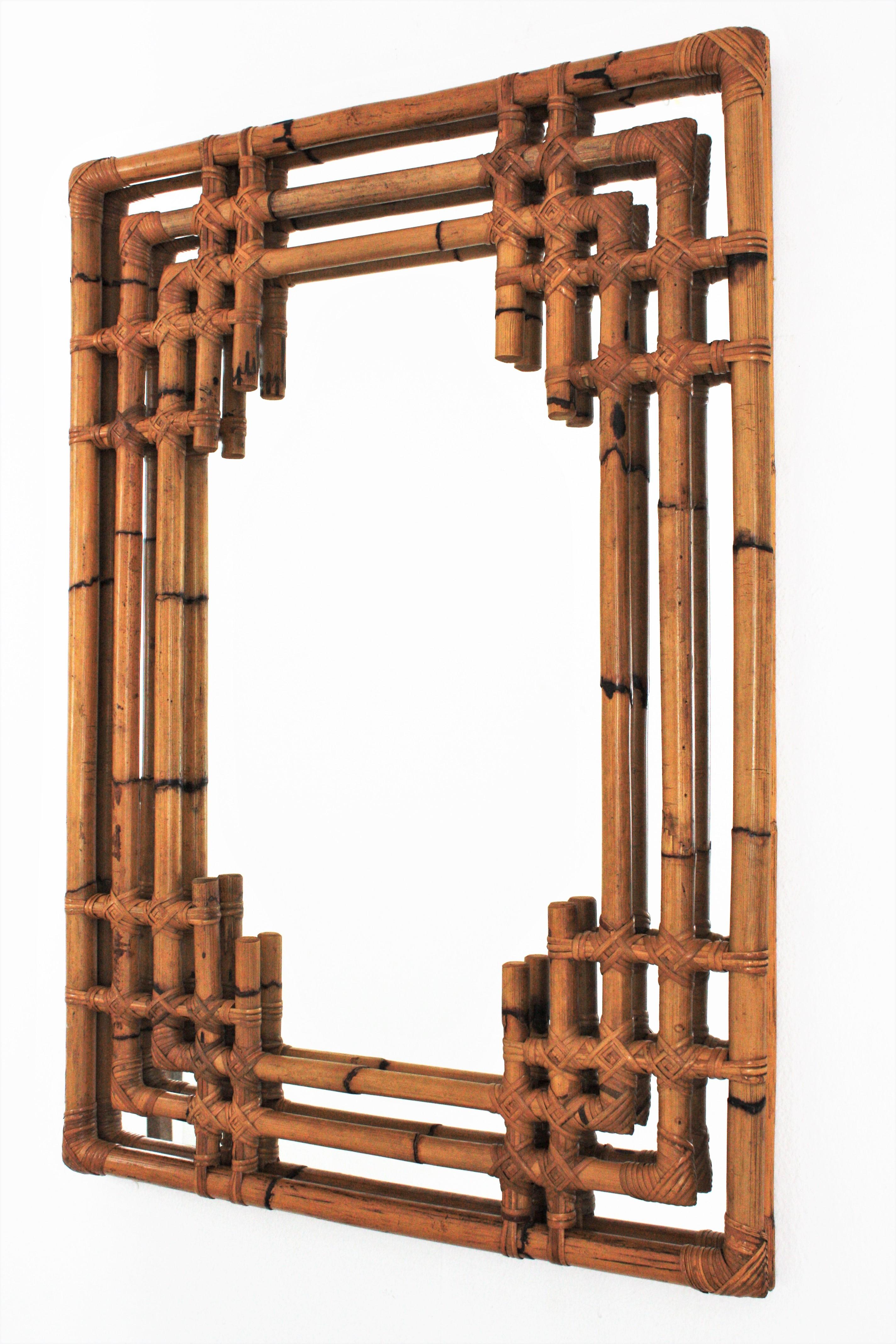 Spanish Bamboo Rattan Large Rectangular Wall Mirror, 1960s