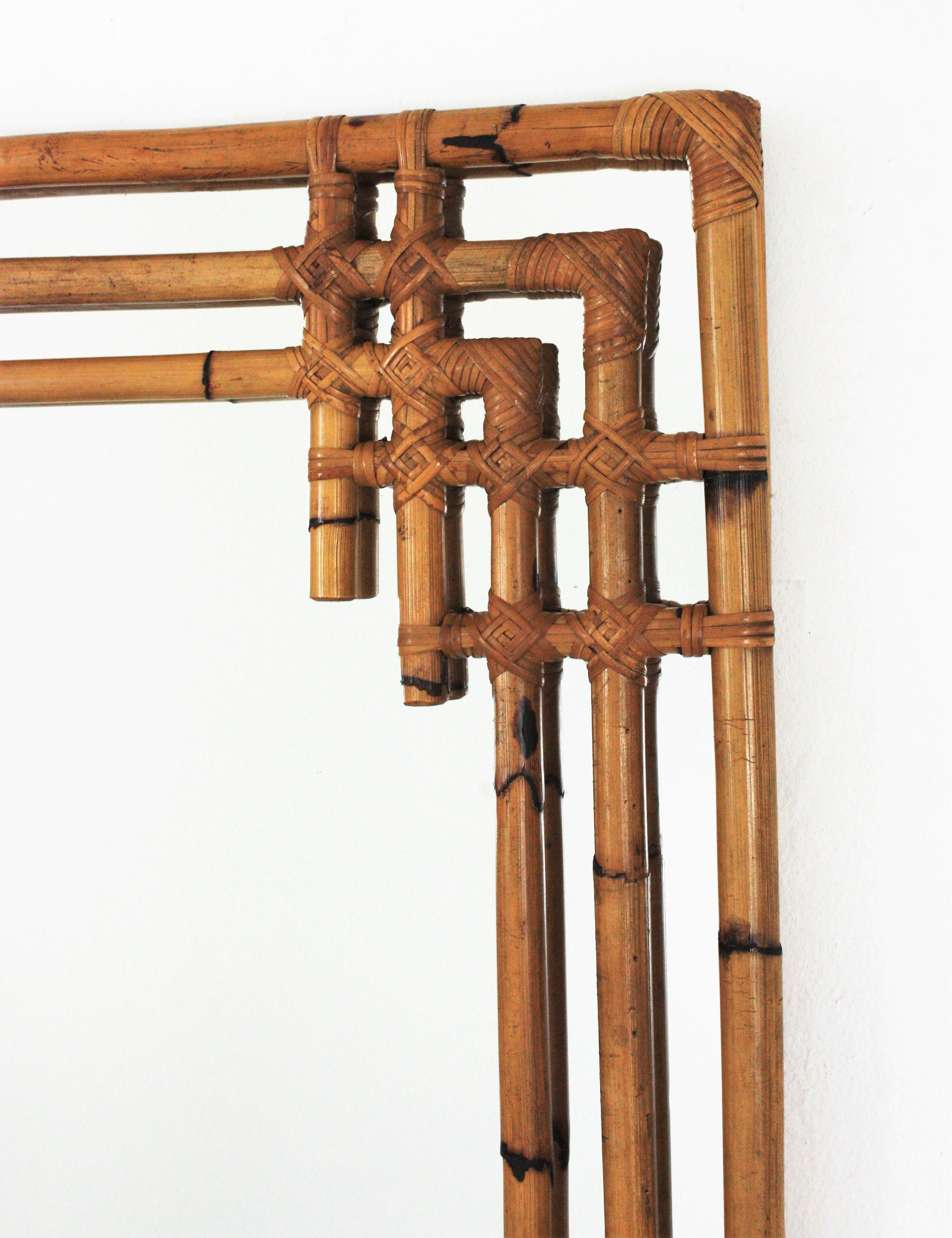 Bamboo Rattan Large Rectangular Wall Mirror, 1960s 2