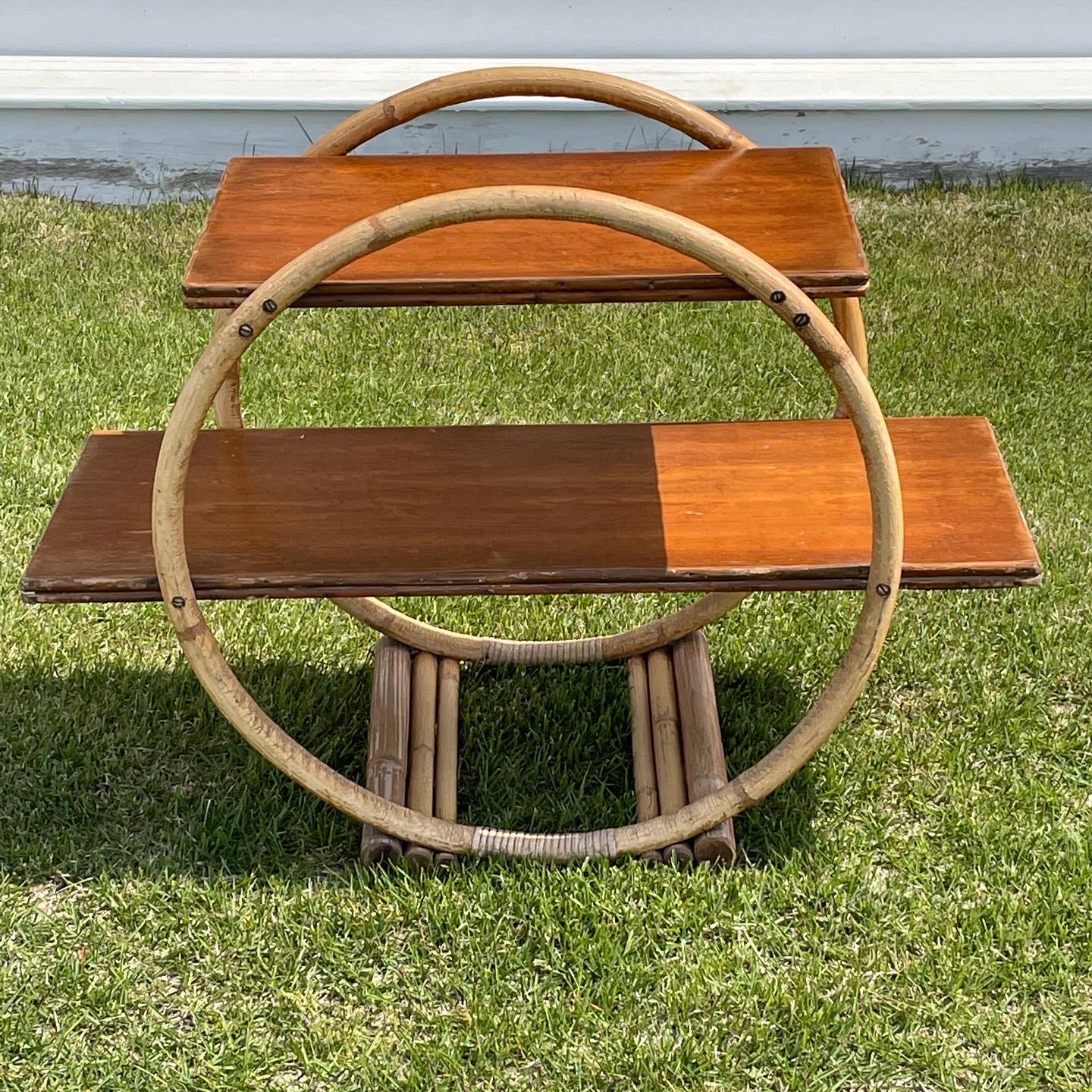 Arts and Crafts Bamboo Circular side table with Wood Shelves For Sale