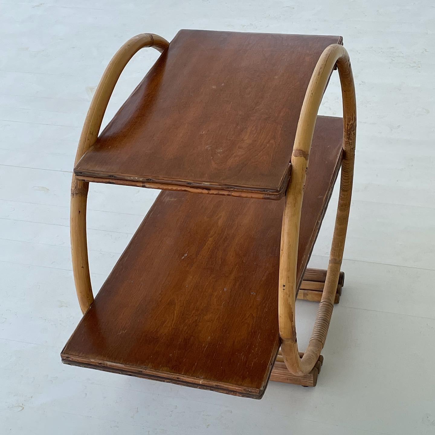 Bamboo Circular side table with Wood Shelves In Good Condition For Sale In New York, NY