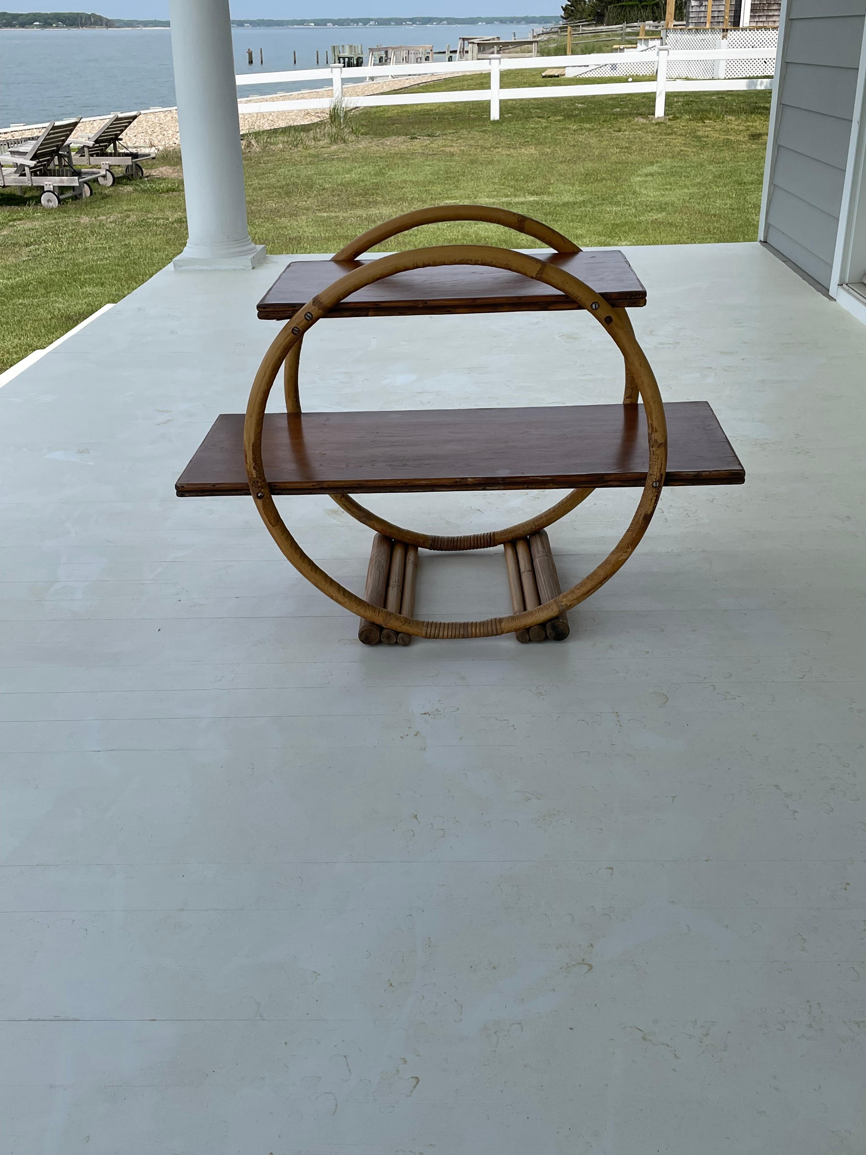 20th Century Bamboo Circular side table with Wood Shelves For Sale