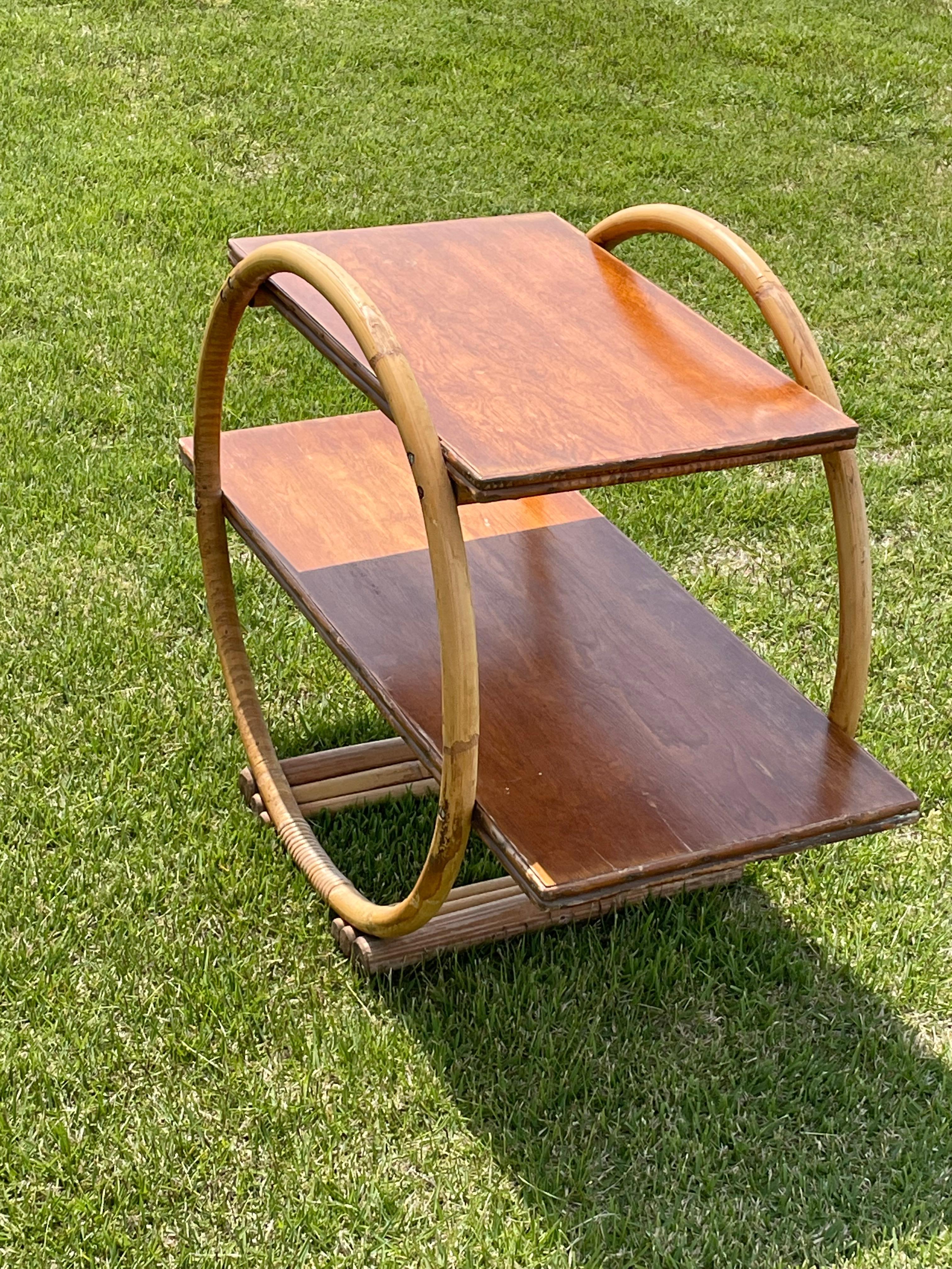 Bamboo Circular side table with Wood Shelves For Sale 1