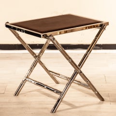 Bamboo Cocktail or End Table with Leather Top, Nickel-Plated Solid Brass, Italy