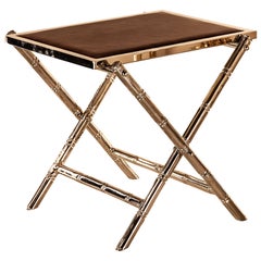 Bamboo Cocktail or End Table with Leather Top, Nickel-Plated Solid Brass, Italy