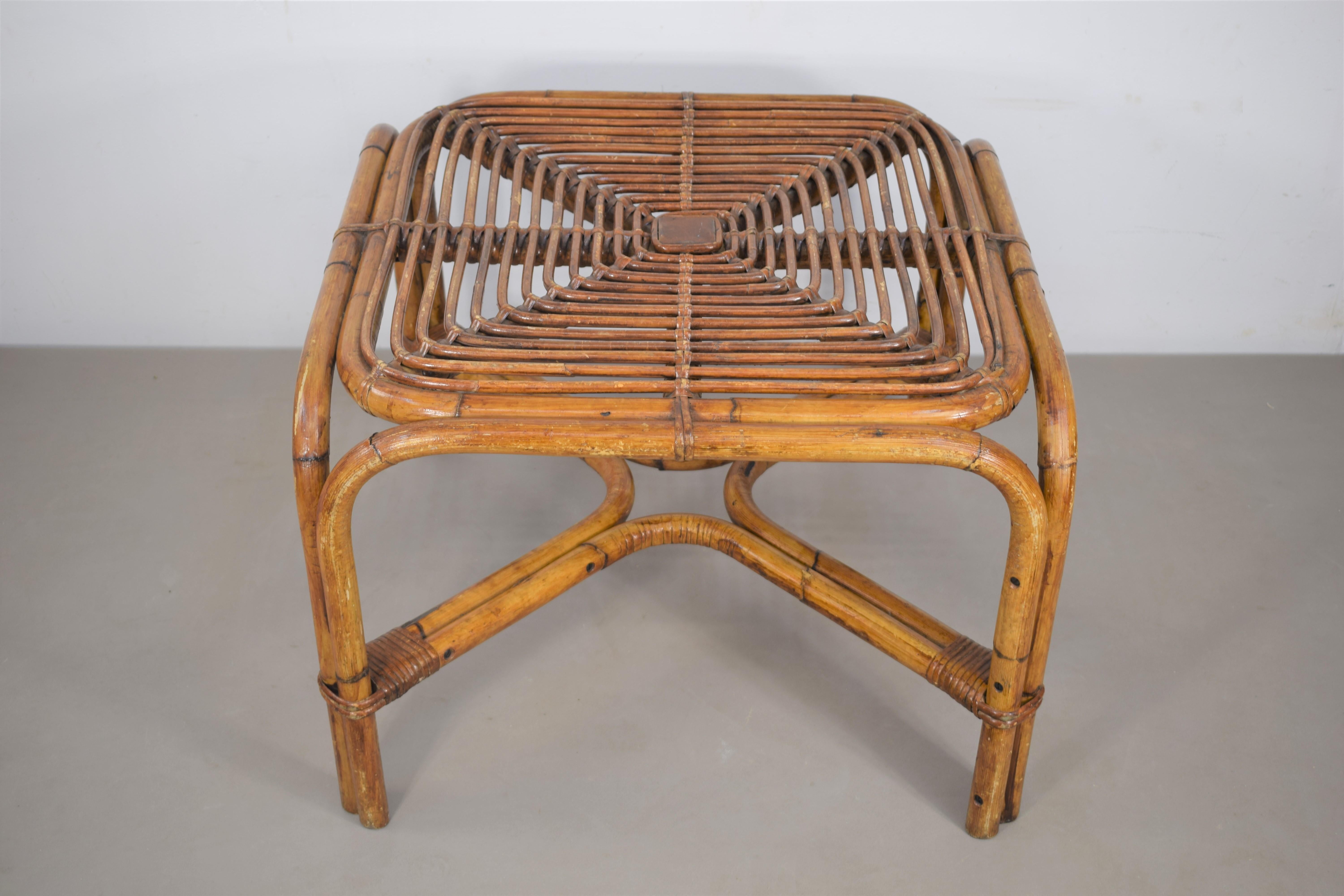 Bamboo coffee table, 1960s.
Dimensions: H=44 cm; W= 62cm; D=62 cm.