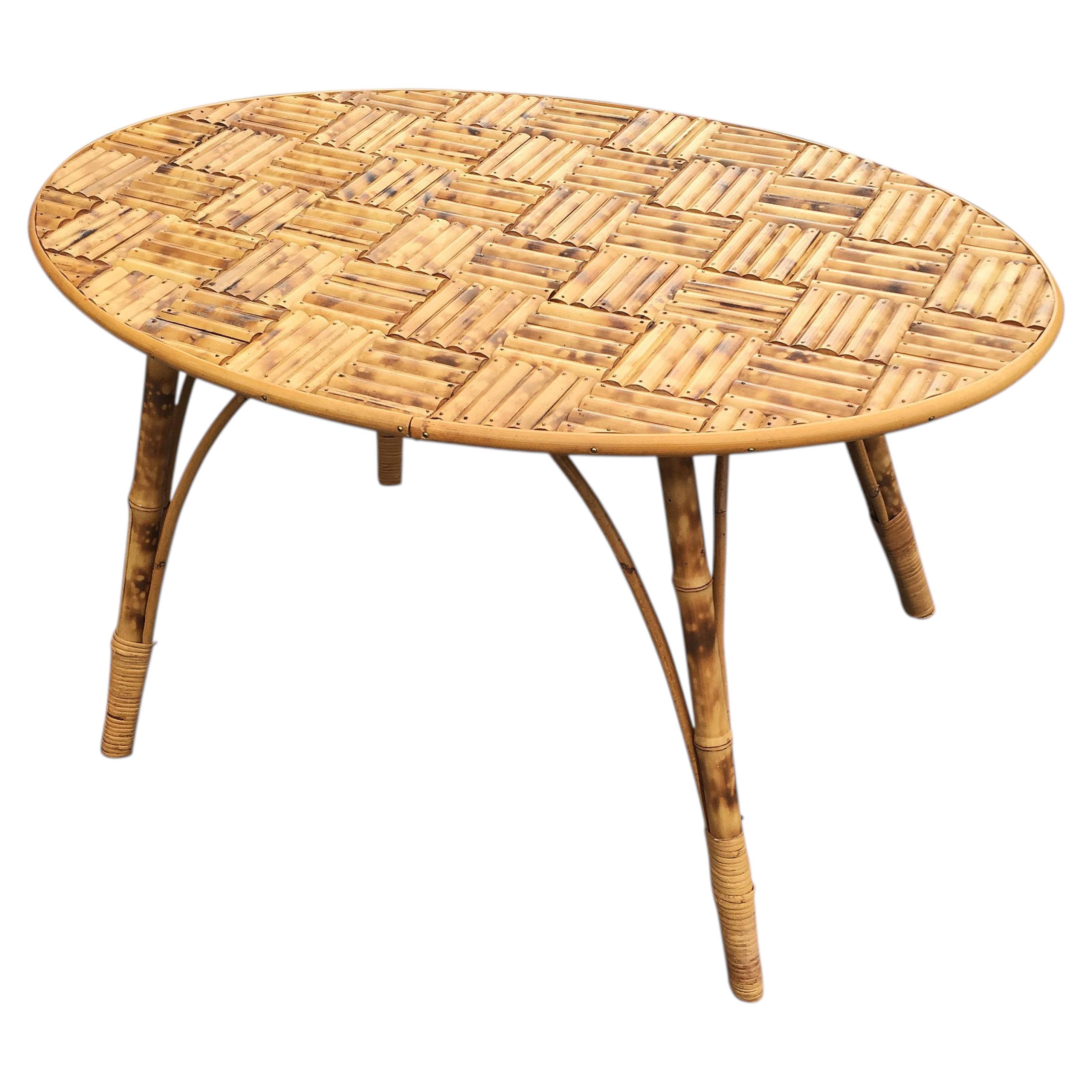Bamboo Coffee Table, Tray Made of Bamboo Sticks Fixed by Small Brass Nails For Sale