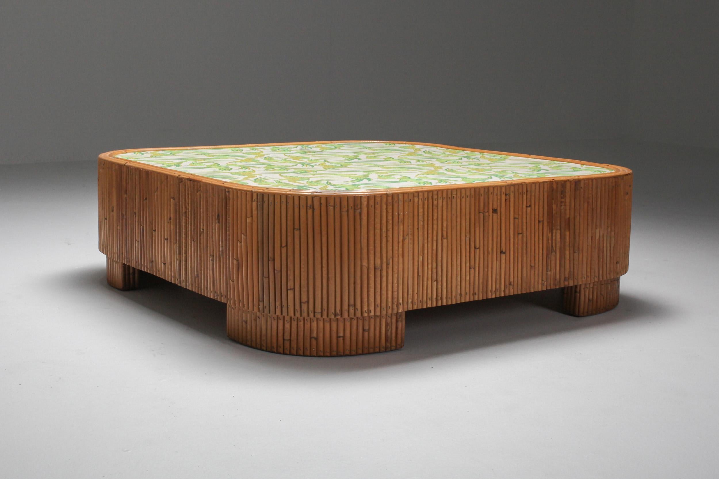 Tropicalist coffee table, bamboo, Vivai del Sud, 1970s, Italy.

Paradise bird motifs in variations of green 
Superb quality wicker and bamboo frame.
 