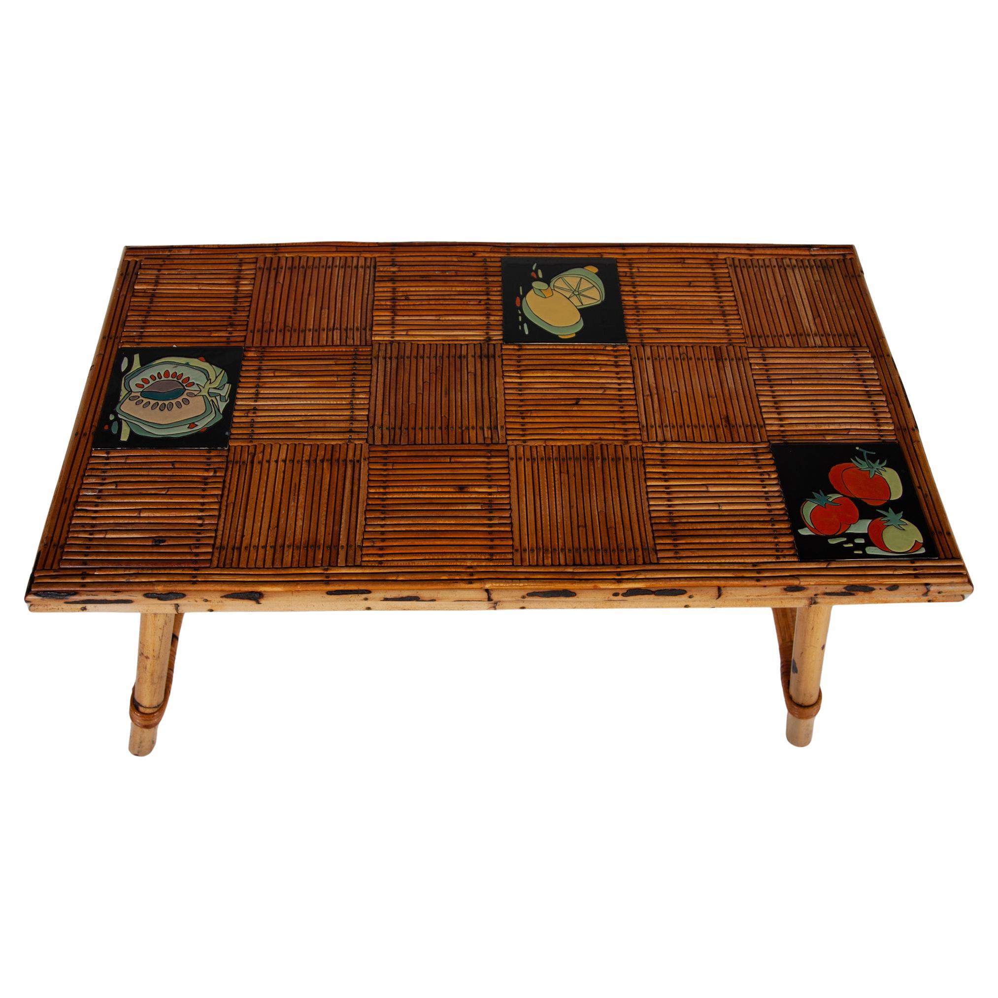 Table basse en bambou avec carreaux de céramique, designée par Audoux Minnet, France, années 1950