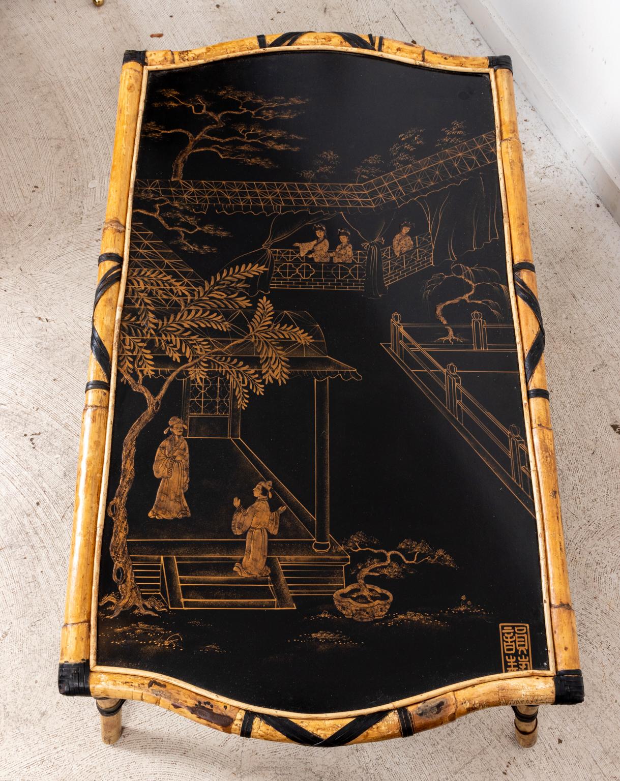 Bamboo Coffee Table with Chinoiserie Decoration In Good Condition In Stamford, CT