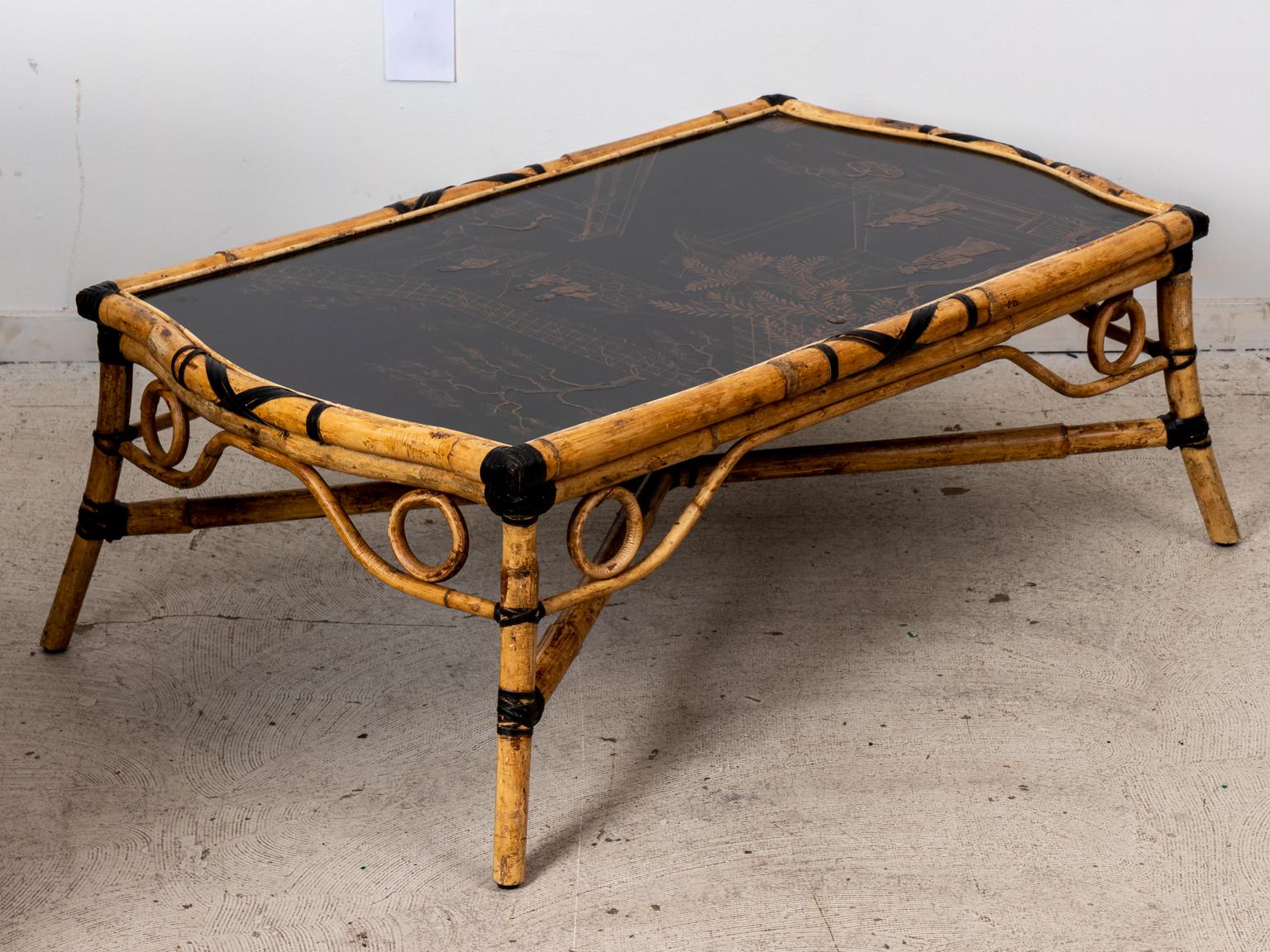 20th Century Bamboo Coffee Table with Chinoiserie Decoration