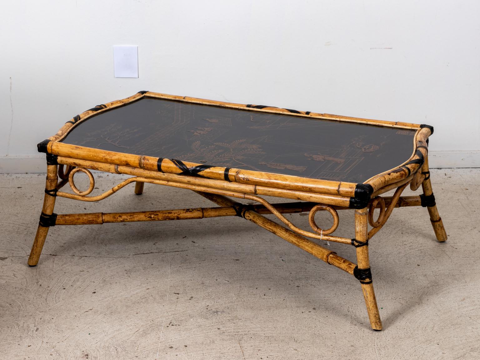 Bamboo Coffee Table with Chinoiserie Decoration 3