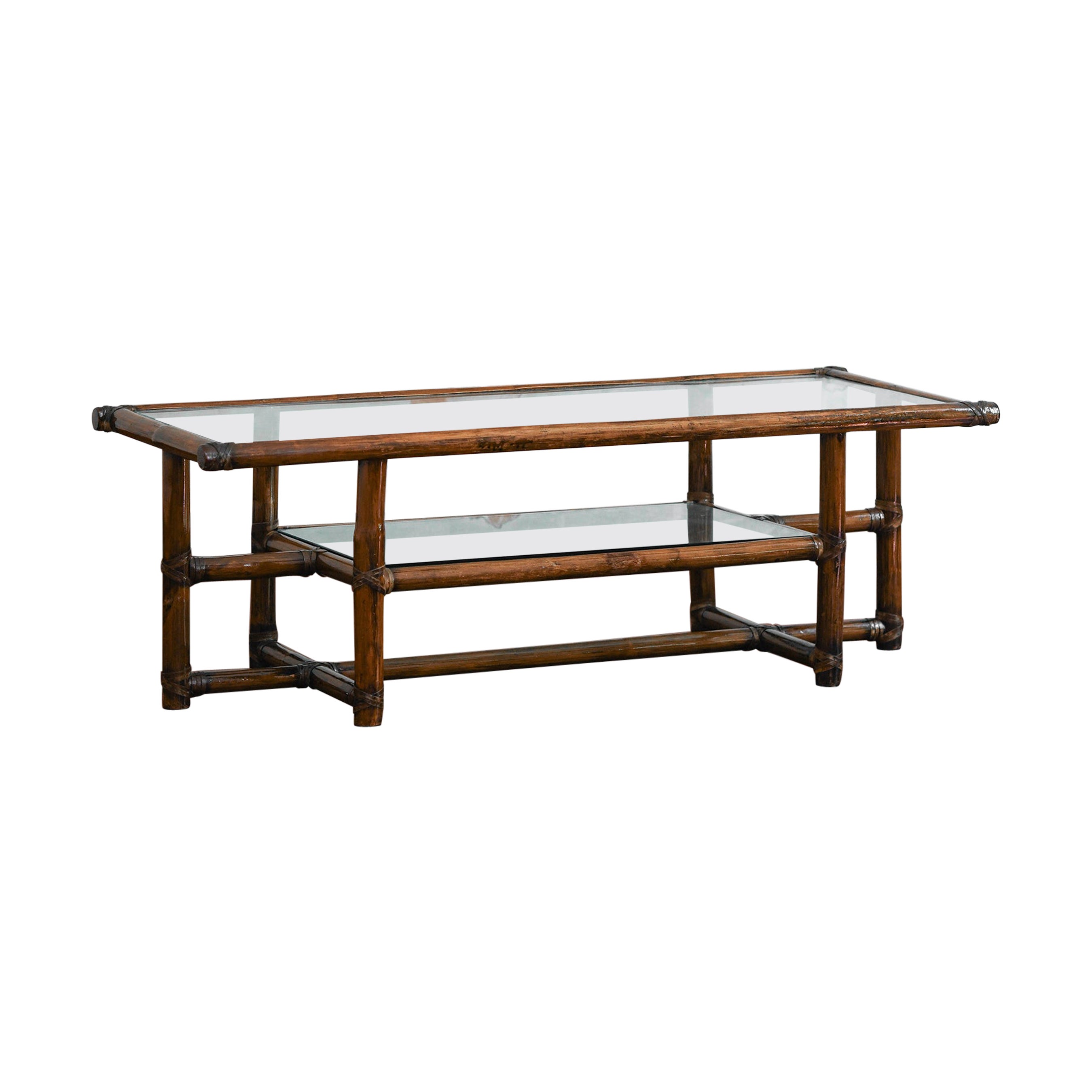 Bamboo Coffee Table with Leather Bindings and Double Glass Top, 1970