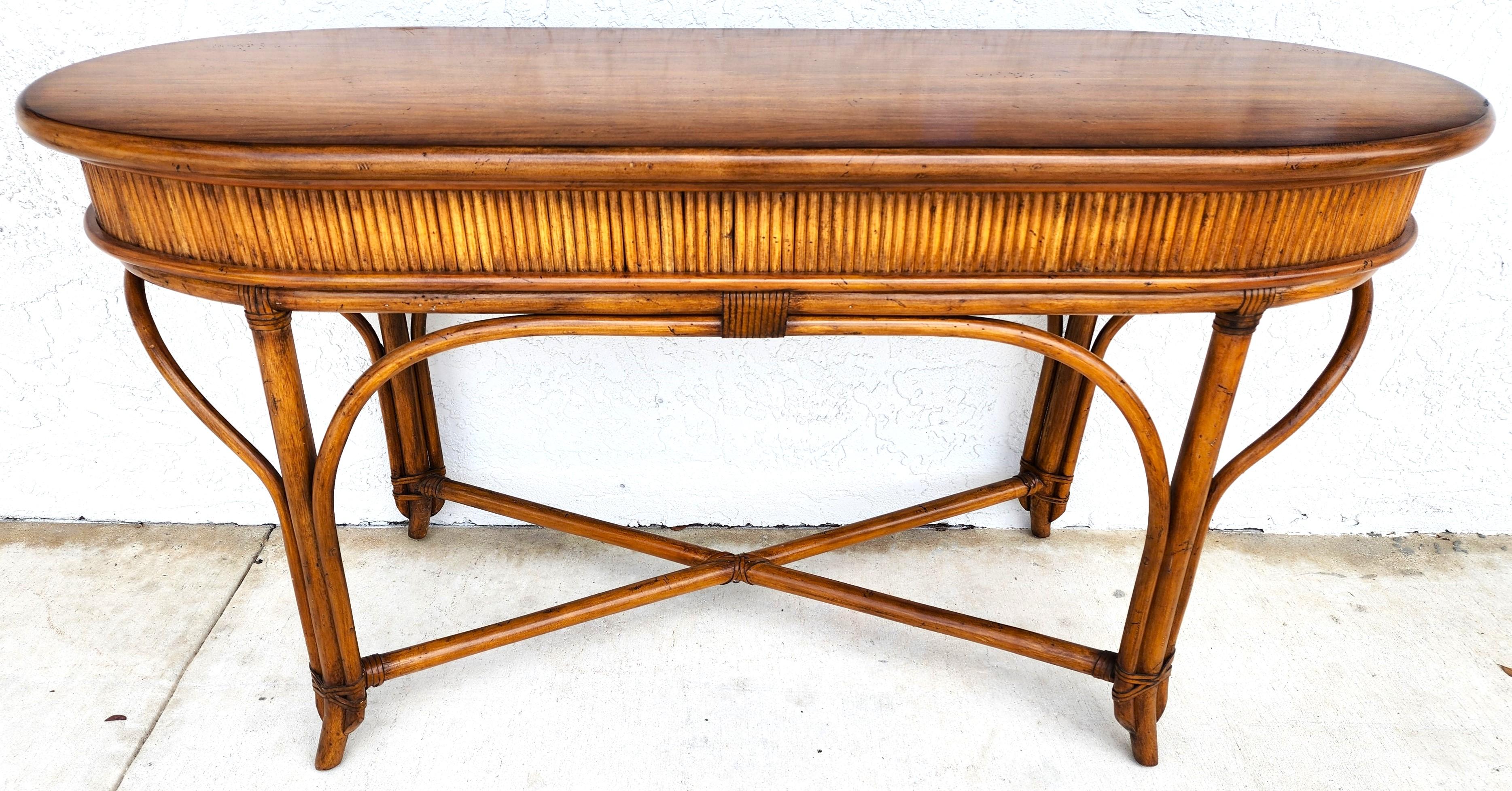 For FULL item description click on CONTINUE READING at the bottom of this page.

Offering One Of Our Recent Palm Beach Estate Fine Furniture Acquisitions Of A
Boho Bamboo Console Sofa Table
With Leather Rattan strapping 
 
Approximate