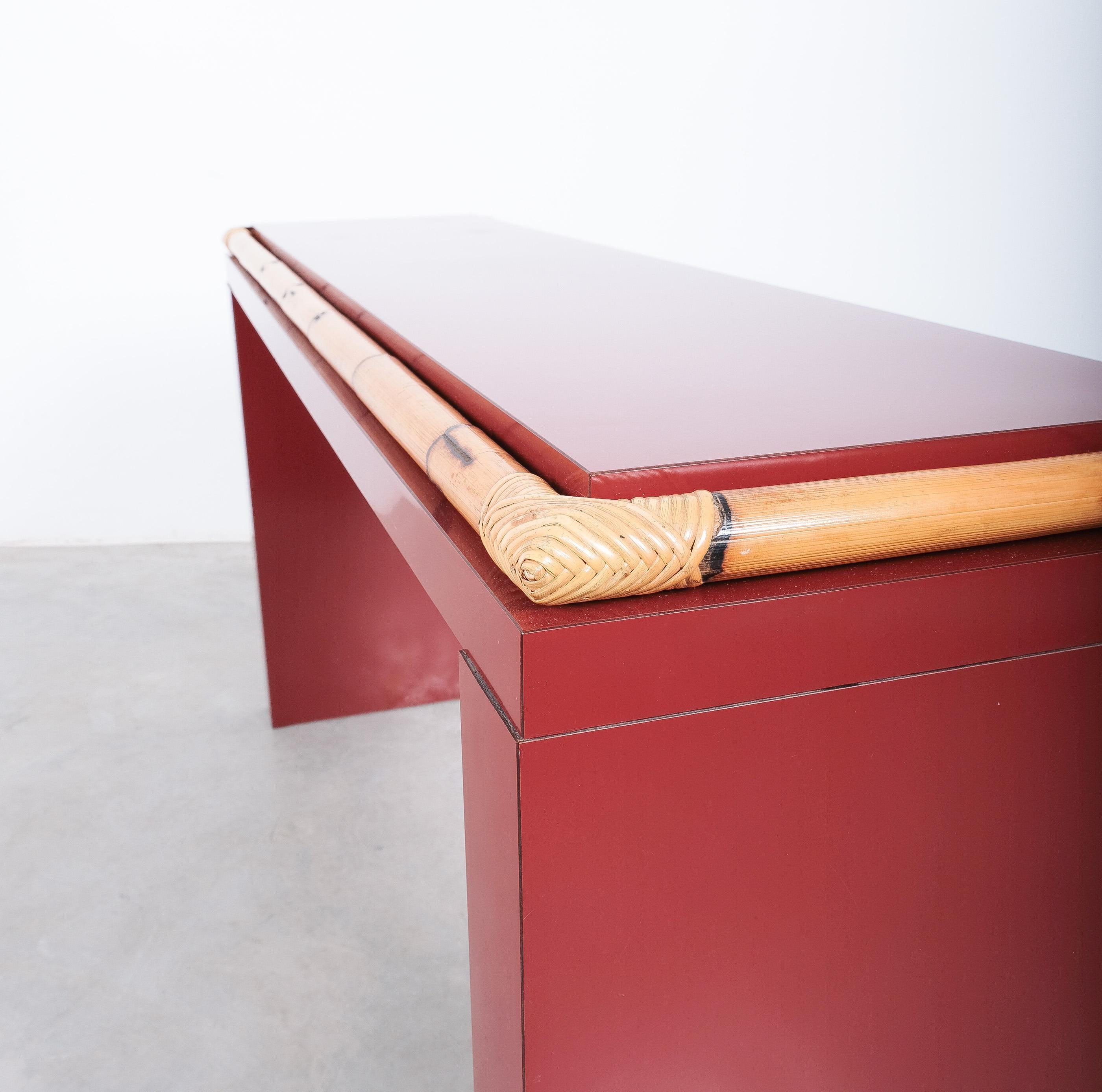 Post-Modern Bamboo Console Table Red Formica Desk Postmodern, Italy For Sale