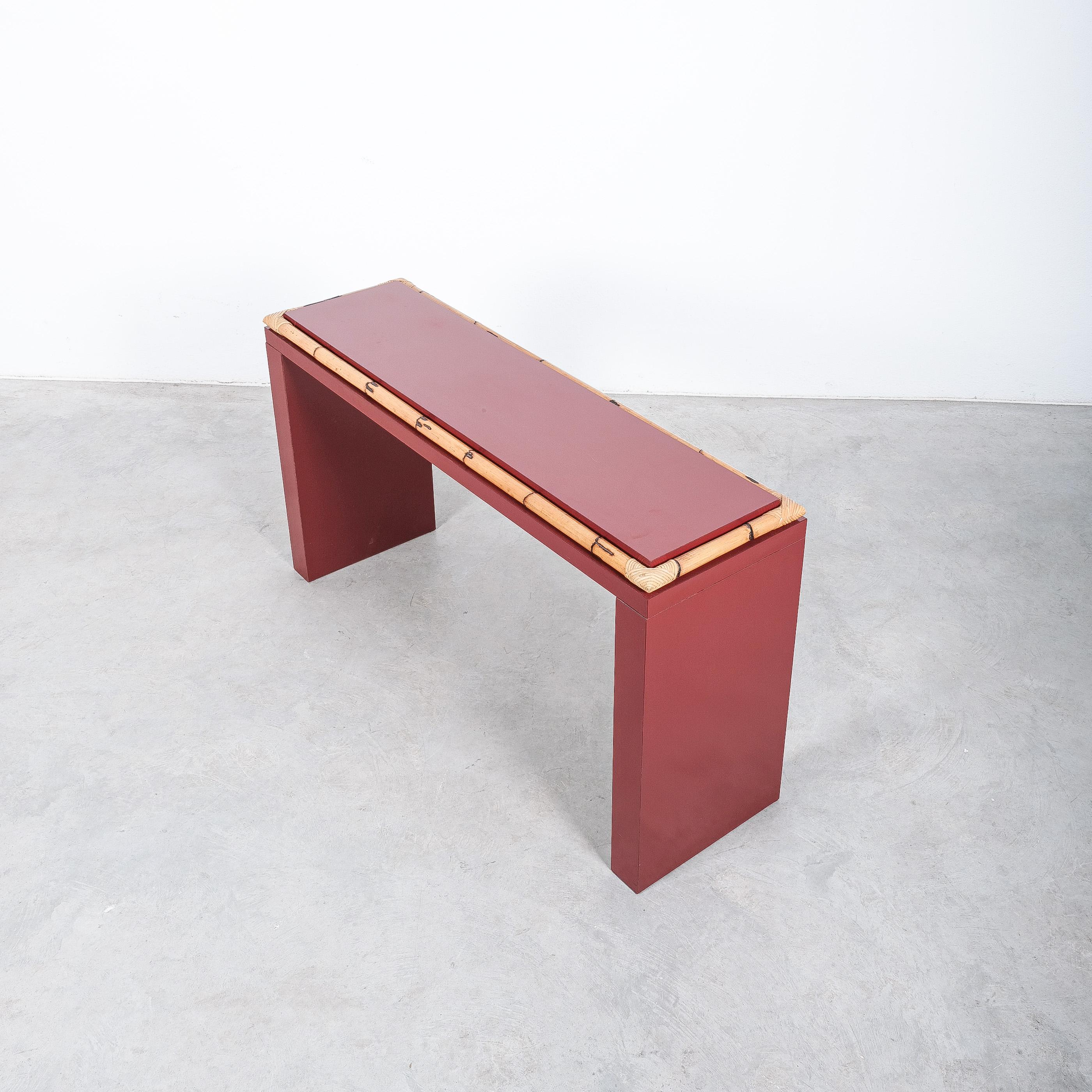 Late 20th Century Bamboo Console Table Red Formica Desk Postmodern, Italy For Sale