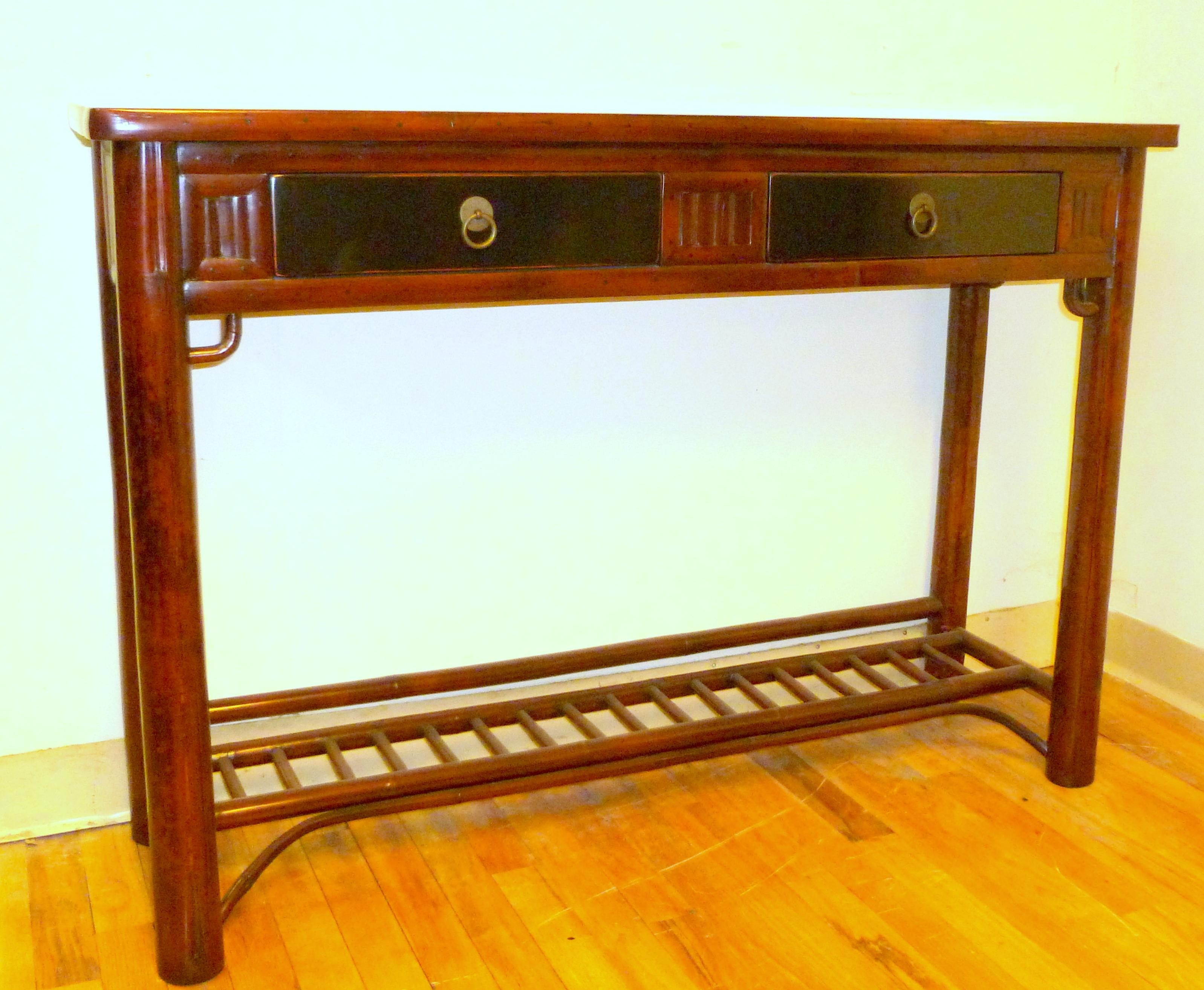 Chinese Bamboo Console Table with Black Lacquer Top