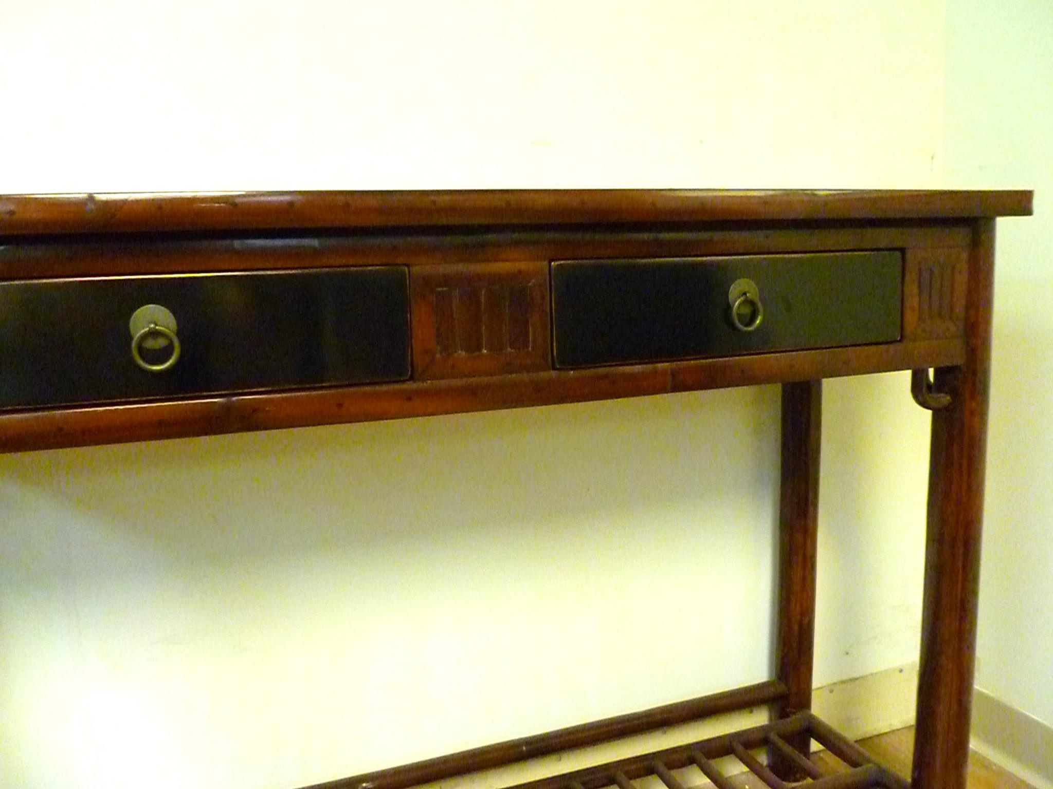 Bamboo Console Table with Black Lacquer Top In Excellent Condition In Greenwich, CT