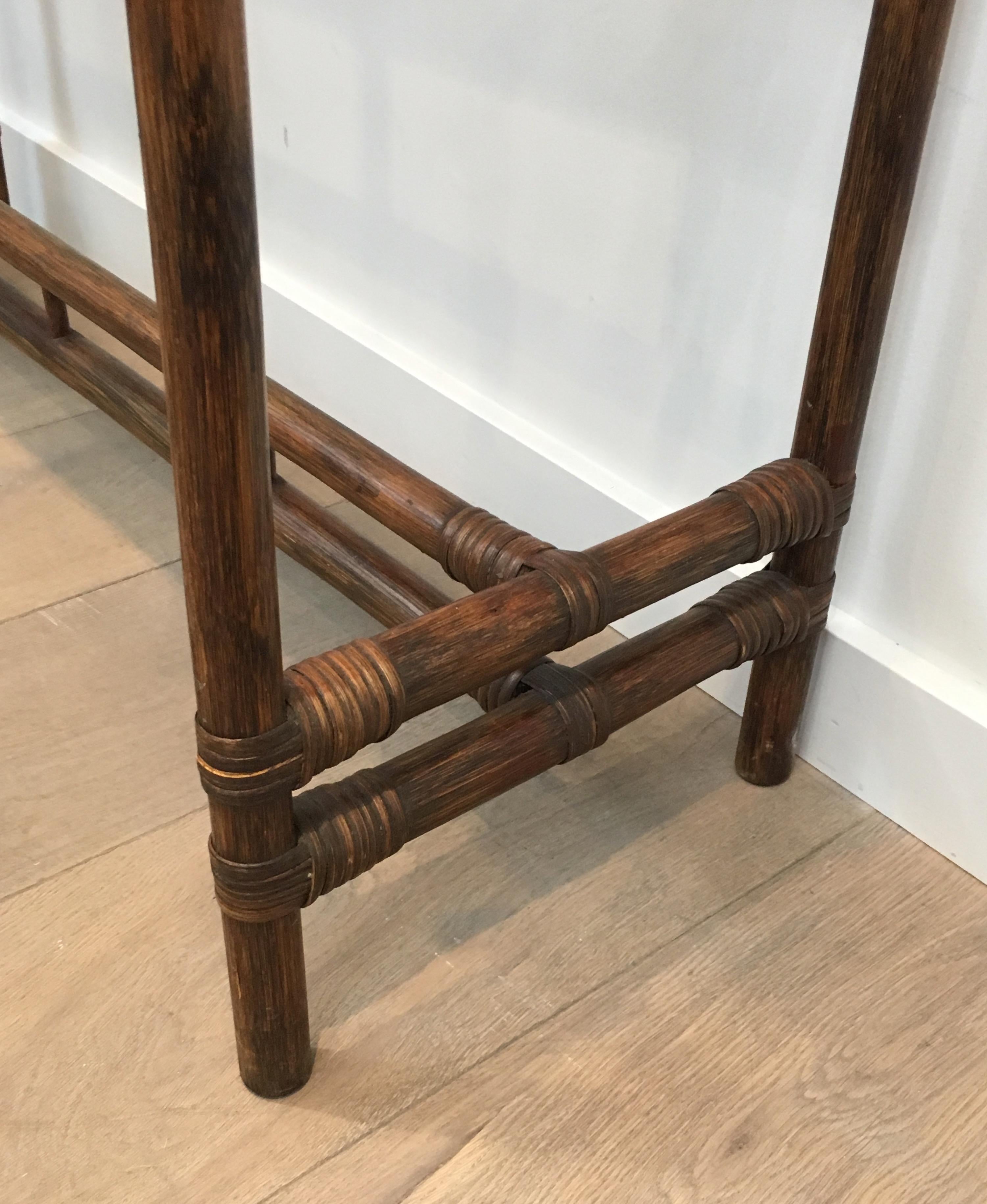 Bamboo Console Table with Brass Corners and Smoked Glass Shelf, French 5