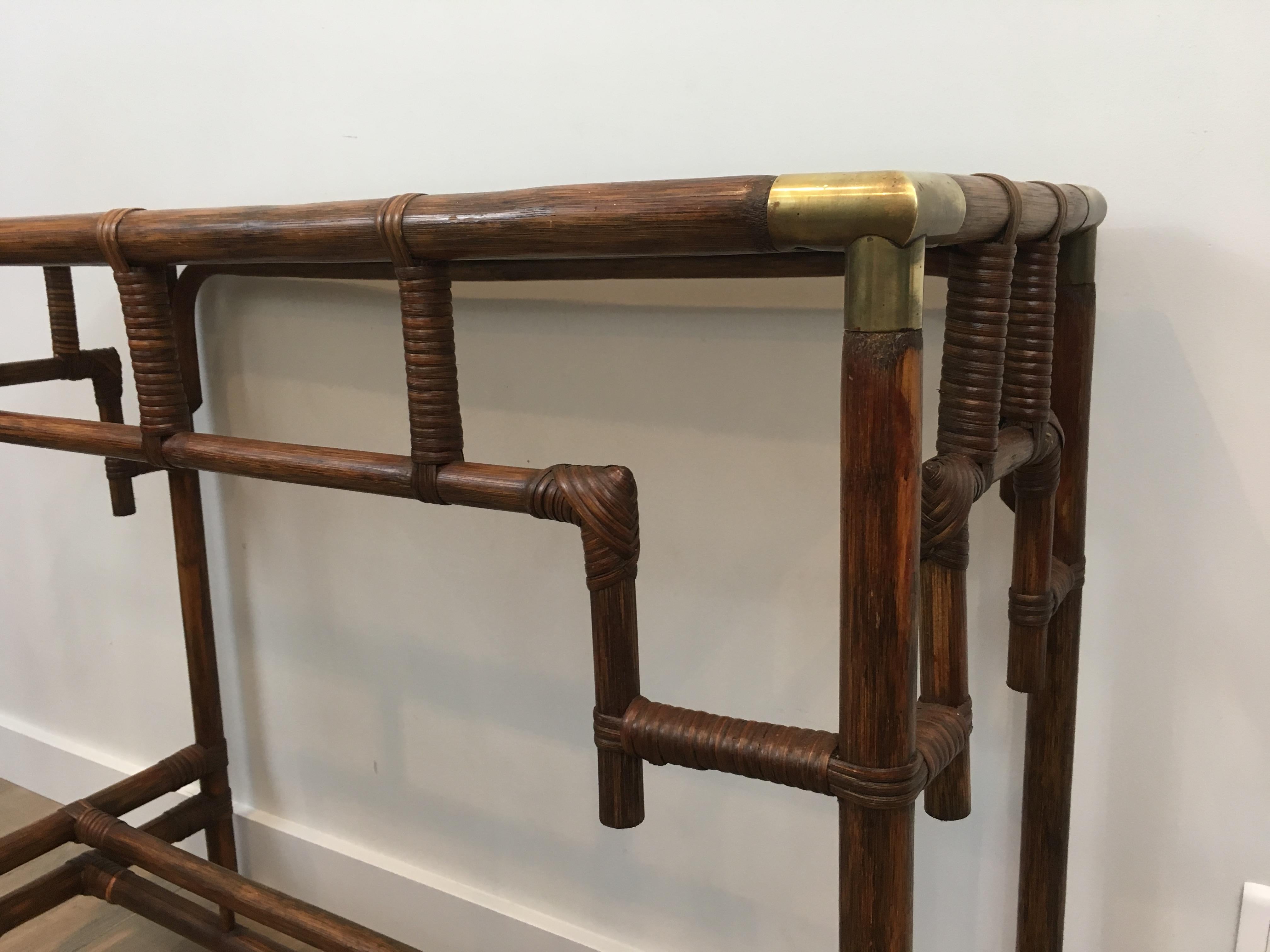 Bamboo Console Table with Brass Corners and Smoked Glass Shelf, French 6