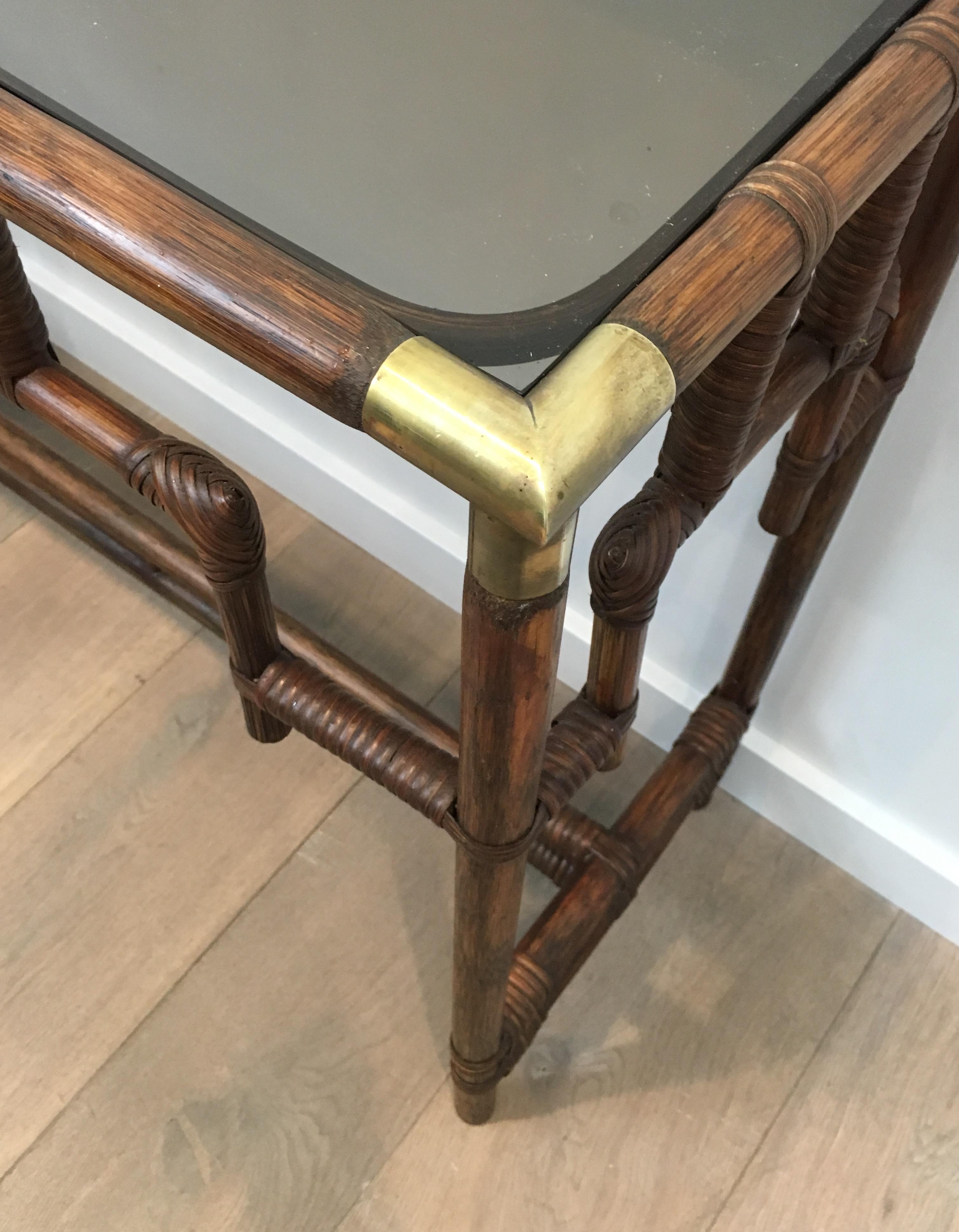 Bamboo Console Table with Brass Corners and Smoked Glass Shelf, French 7