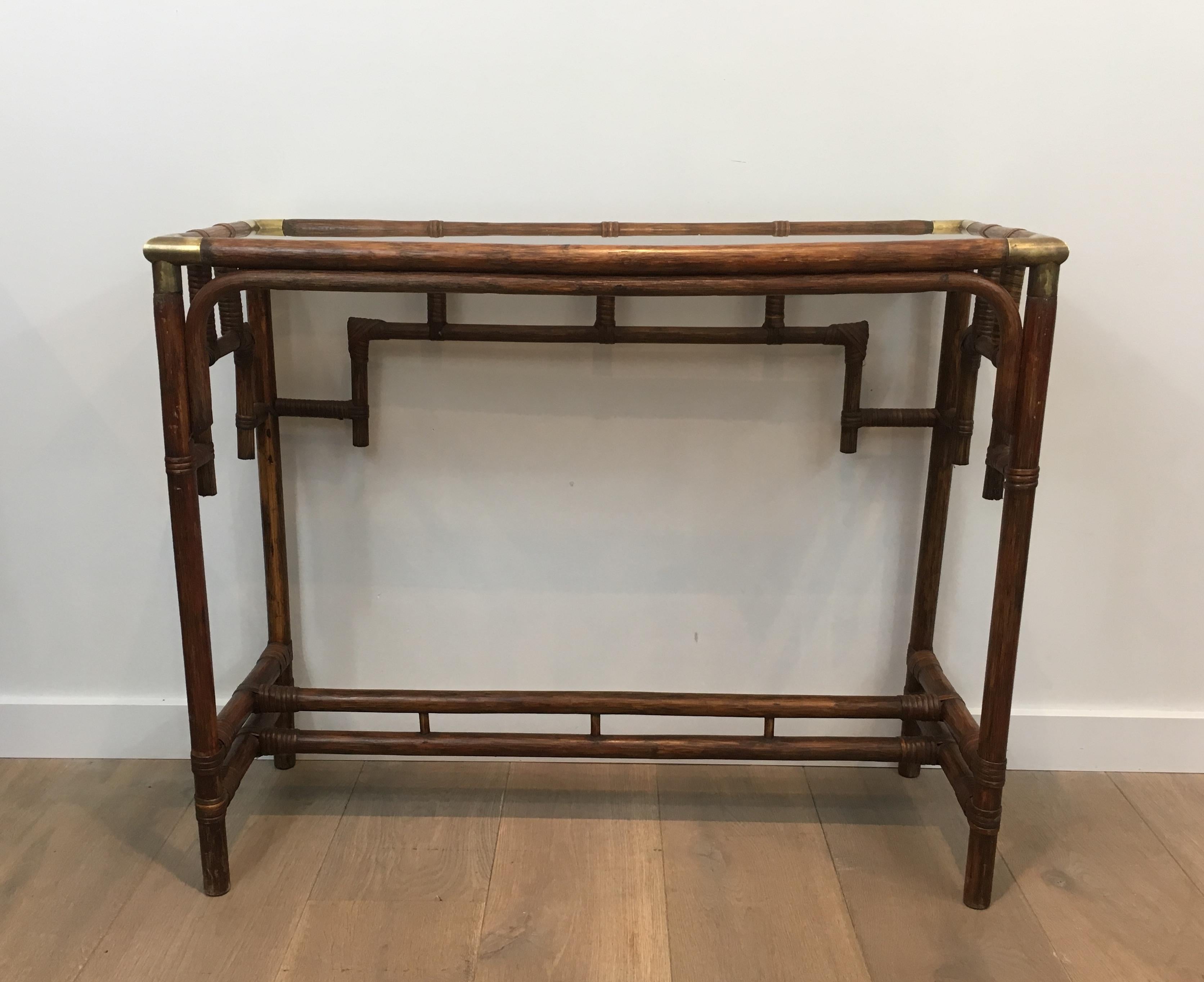 Bamboo Console Table with Brass Corners and Smoked Glass Shelf, French 10
