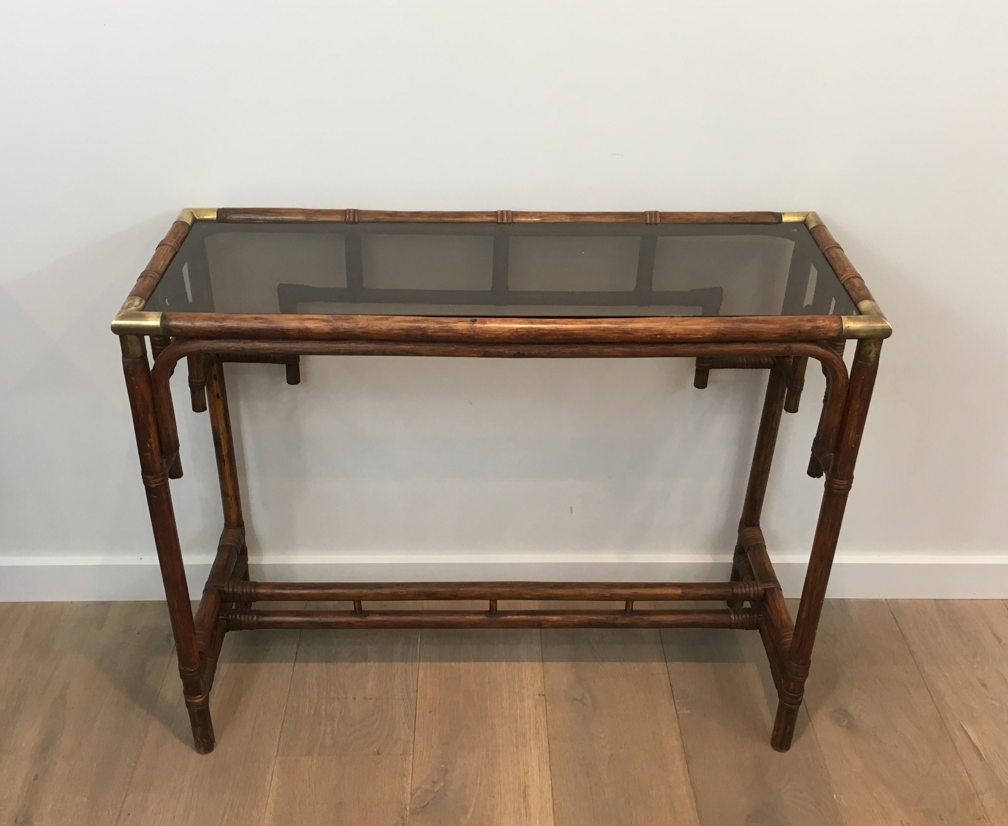 Bamboo Console Table with Brass Corners and Smoked Glass Shelf, French 11