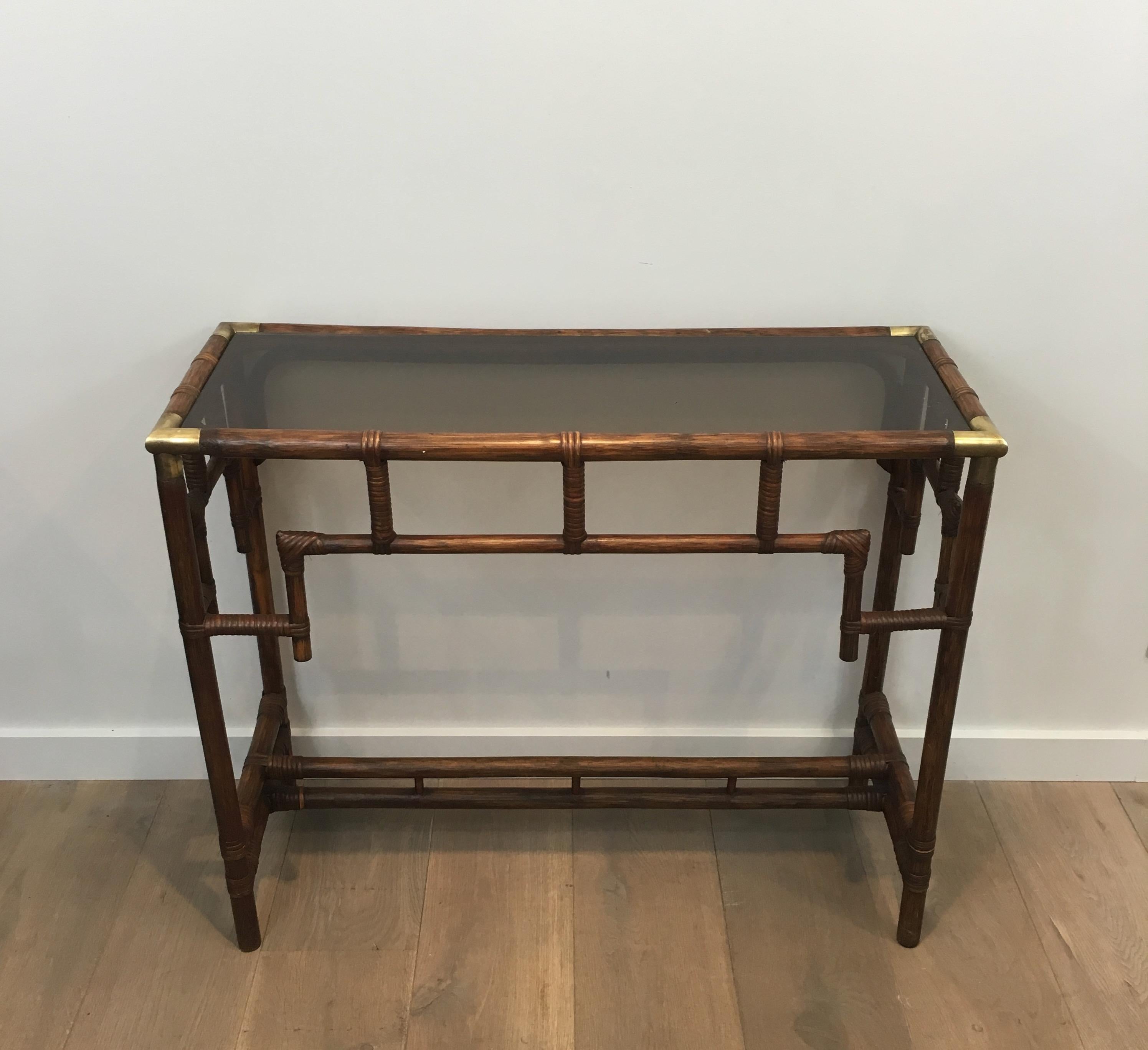 Bamboo Console Table with Brass Corners and Smoked Glass Shelf, French 12