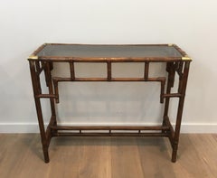 Bamboo Console Table with Brass Corners and Smoked Glass Shelf, French