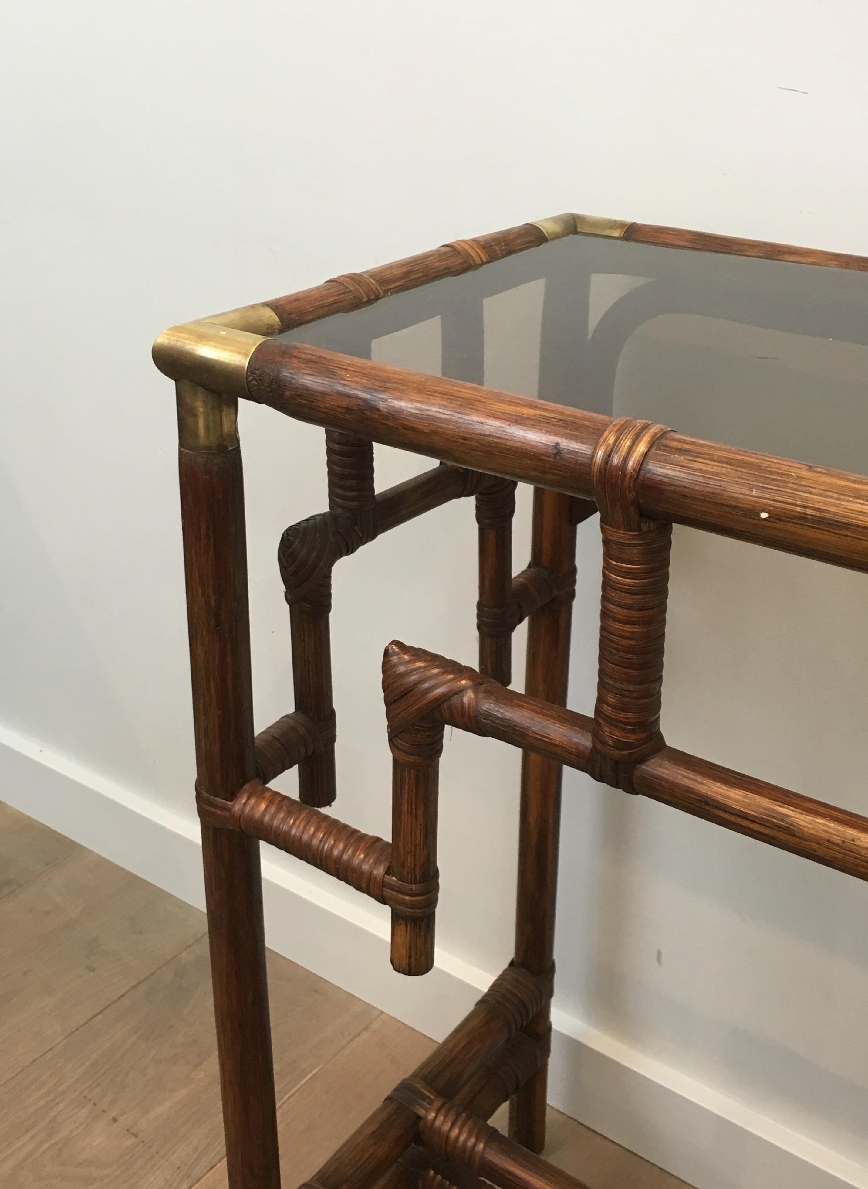 Mid-Century Modern Bamboo Console Table with Brass Corners and Smoked Glass Shelf, French