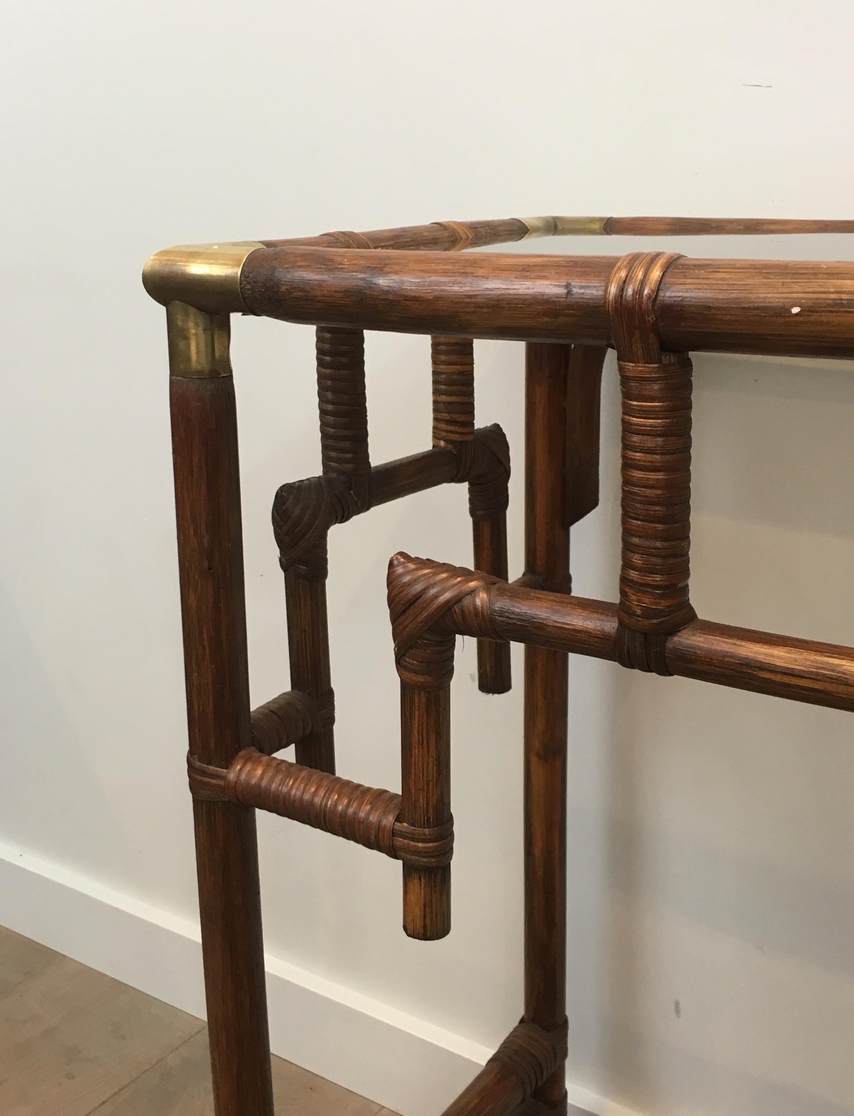 Bronzed Bamboo Console Table with Brass Corners and Smoked Glass Shelf, French