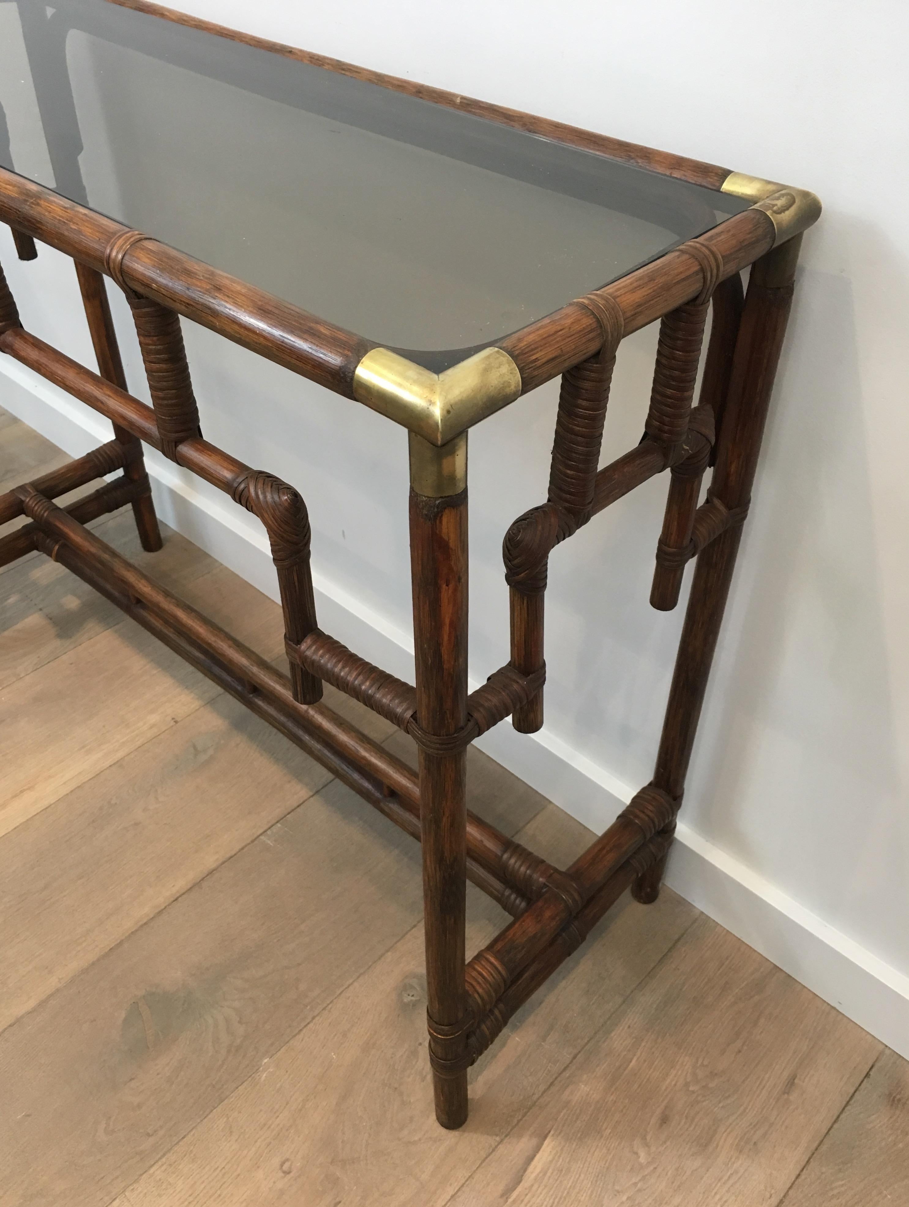 Late 20th Century Bamboo Console Table with Brass Corners and Smoked Glass Shelf, French