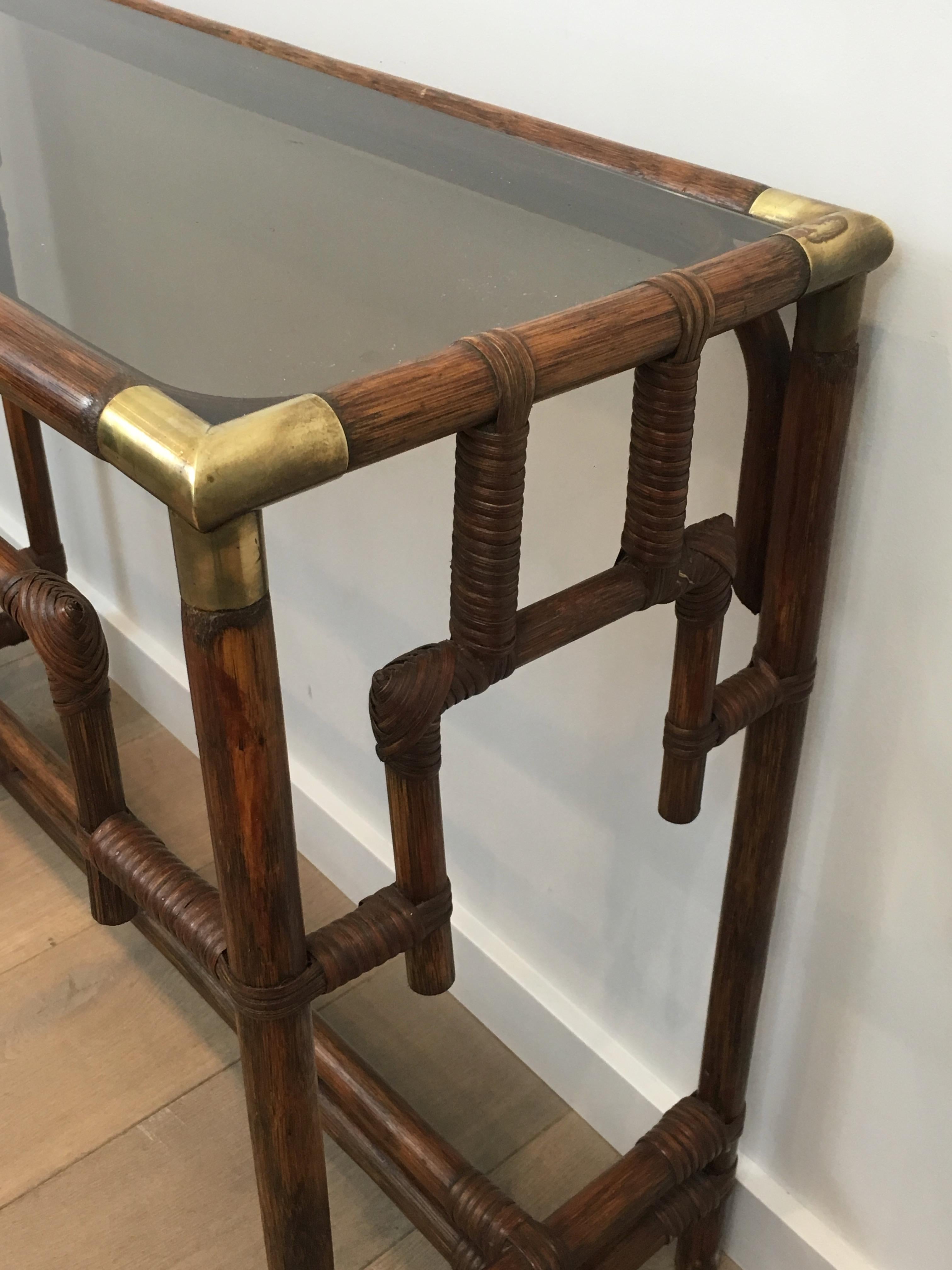 Bamboo Console Table with Brass Corners and Smoked Glass Shelf, French 1