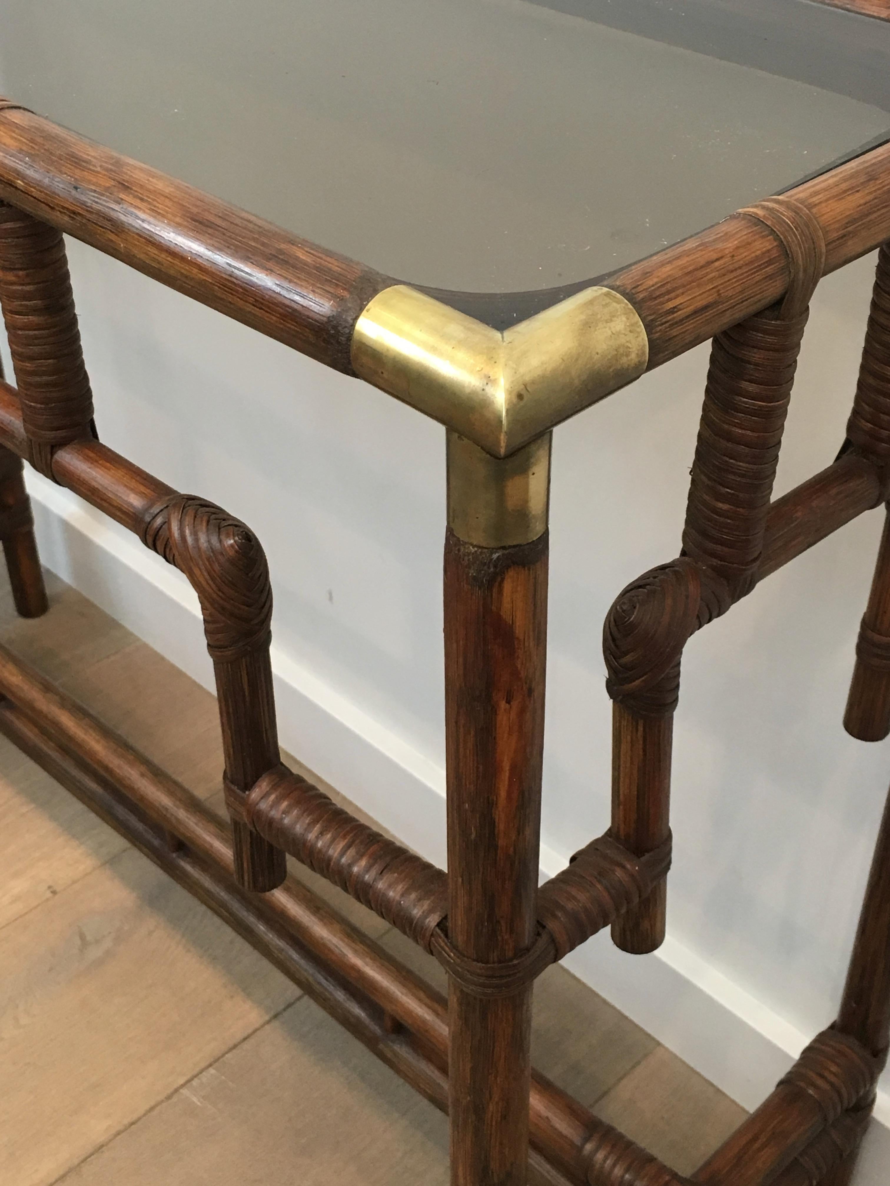 Bamboo Console Table with Brass Corners and Smoked Glass Shelf, French 2