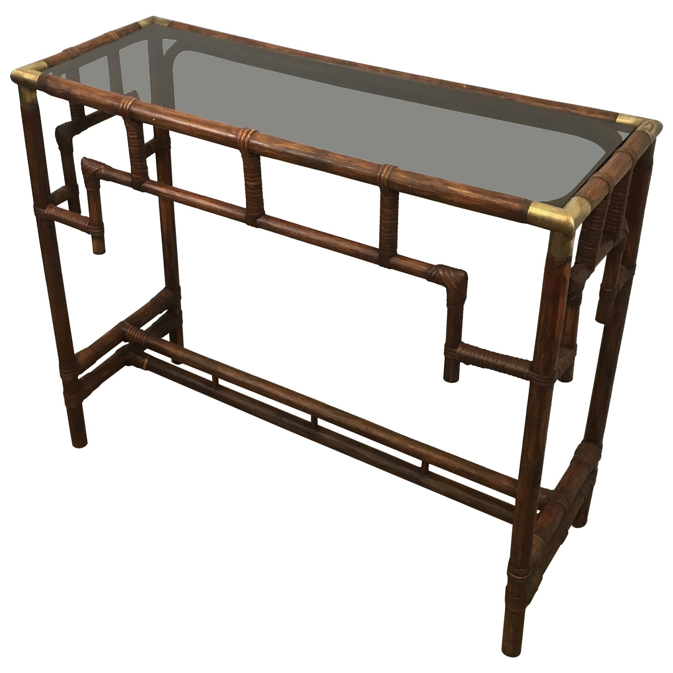 Bamboo Console Table with Brass Corners and Smoked Glass Shelf, French