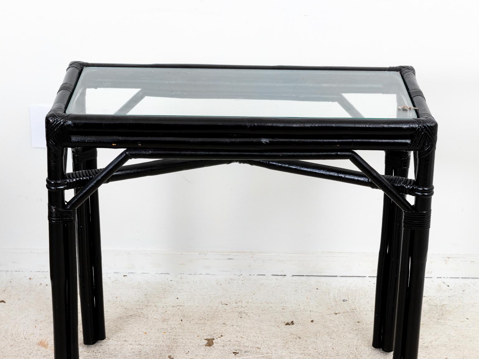 Hollywood Regency Bamboo Console Table with Glass Top For Sale