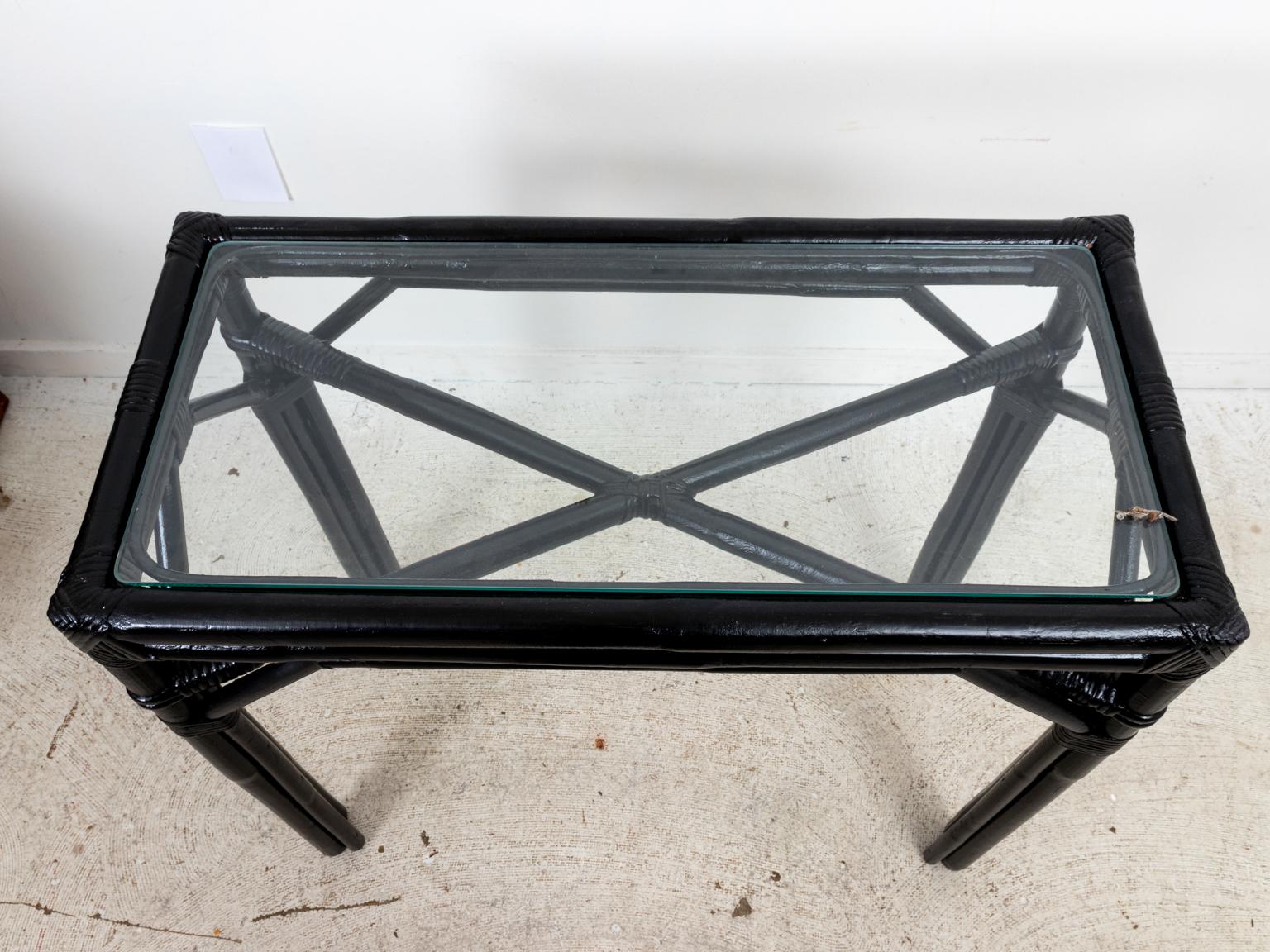 Bamboo Console Table with Glass Top In Good Condition For Sale In Stamford, CT