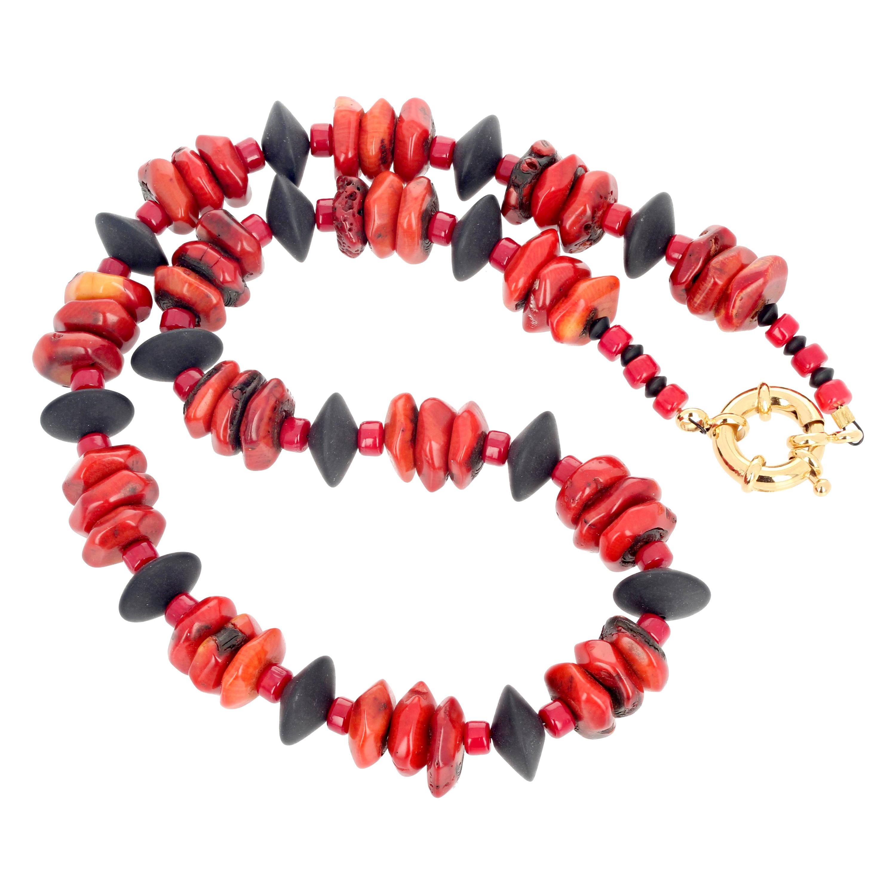 AJD Dramatically Super Chic 19.5" Bamboo Coral & Black Onyx Necklace For Sale