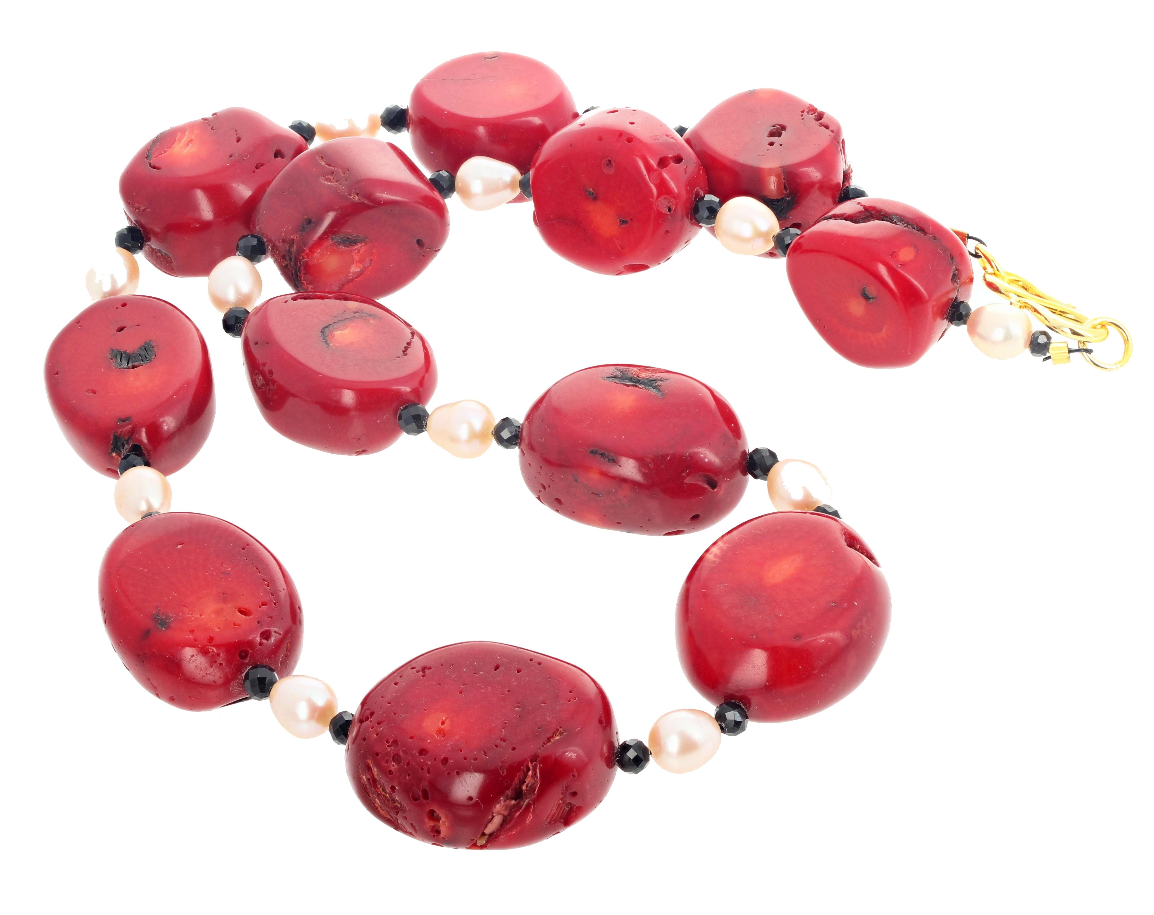 Mixed Cut AJD Gorgeous Large Bamboo Coral, Black Spinel, and Real Pearls Necklace For Sale