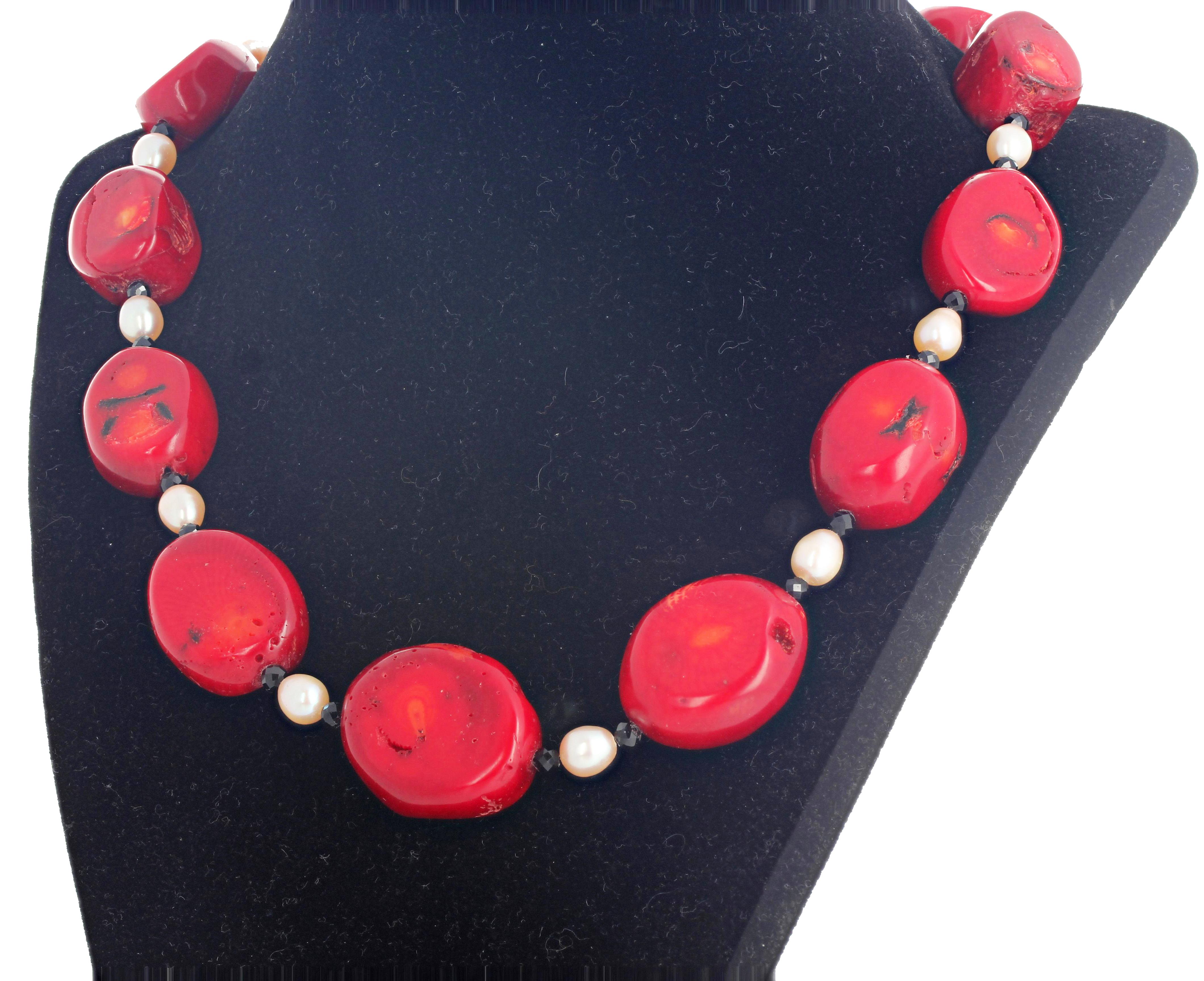 AJD Gorgeous Large Bamboo Coral, Black Spinel, and Real Pearls Necklace In New Condition For Sale In Raleigh, NC