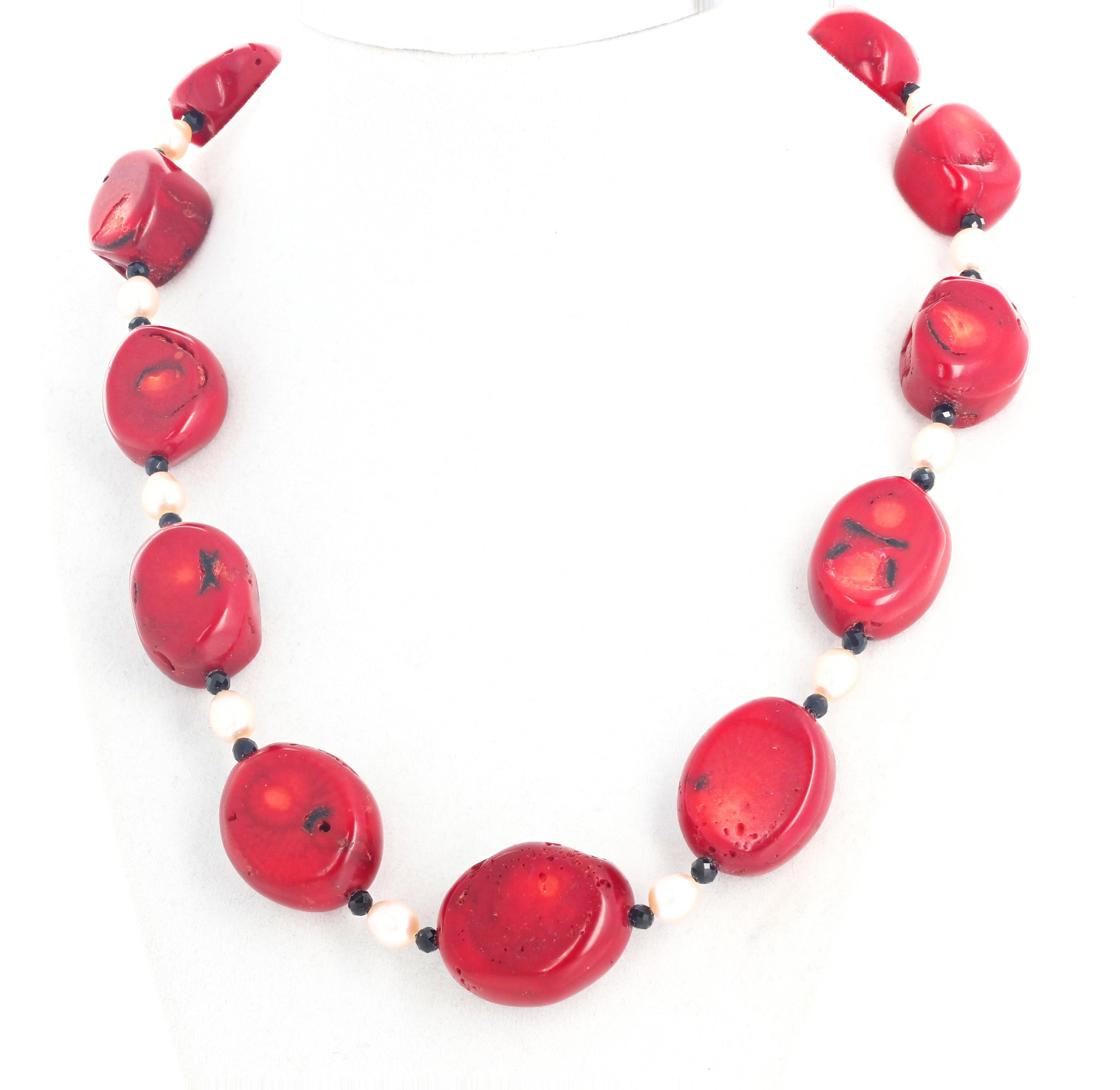 Women's or Men's AJD Gorgeous Large Bamboo Coral, Black Spinel, and Real Pearls Necklace For Sale