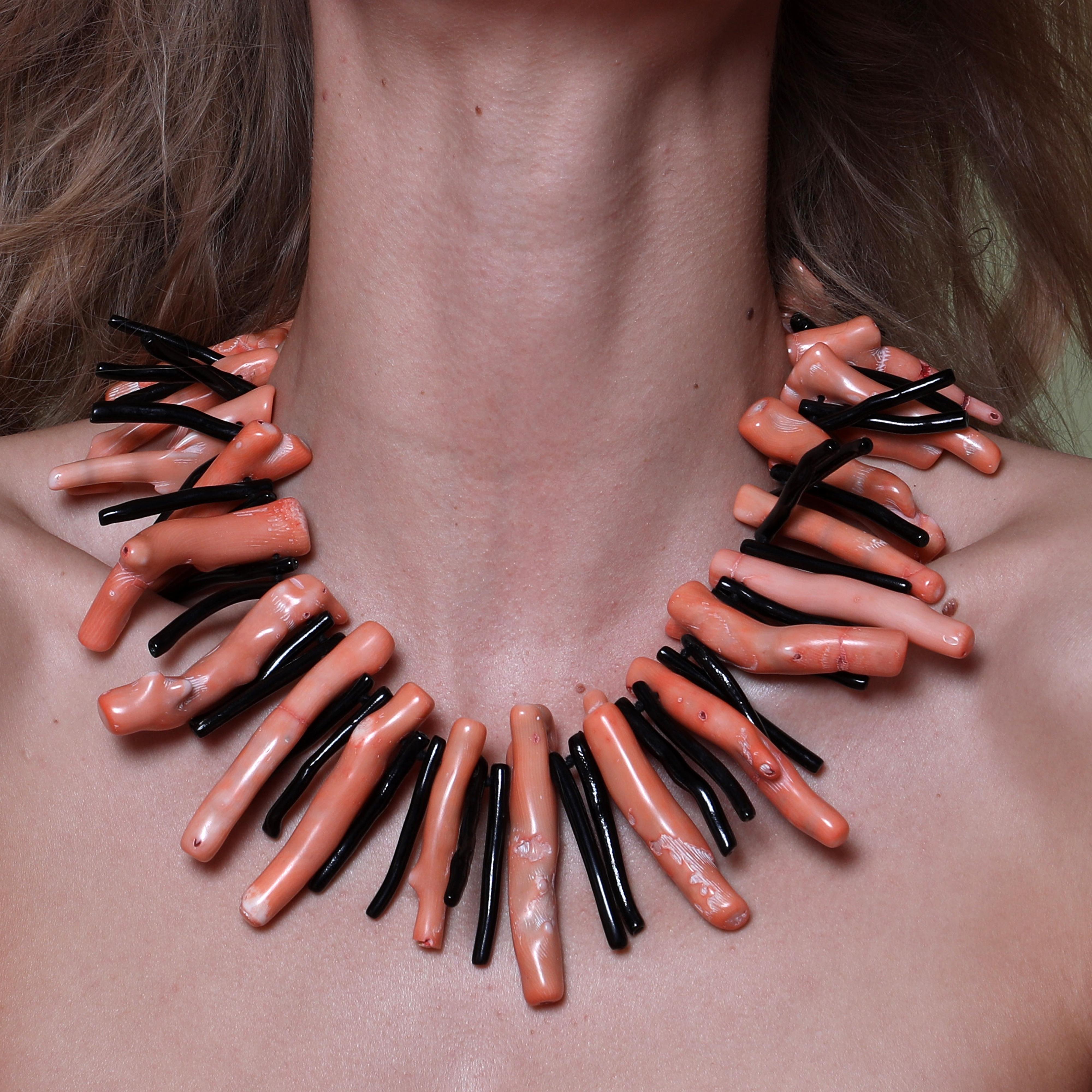 Bamboo Coral Black Agate 925 Silver Reaf Choker Tribal Warrior Branches Necklace In New Condition In Milano, IT