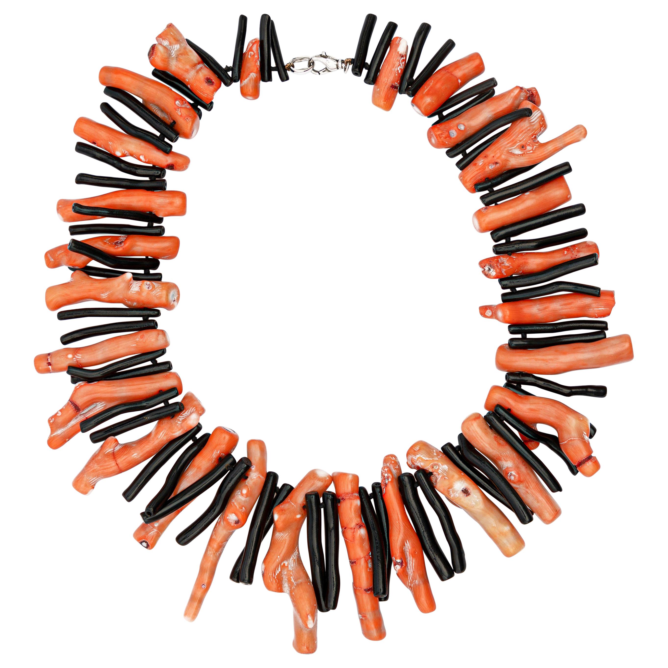 Bamboo Coral Black Agate 925 Silver Reaf Choker Tribal Warrior Branches Necklace