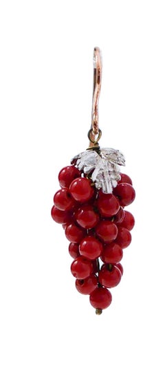 Bamboo Coral, Diamonds, Rose Gold and Silver Bunch Earrings.
