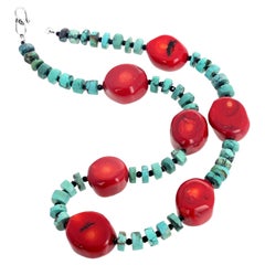 AJD Natural Real Bamboo Coral, Natural Turquoise, Sparkling Spinel Necklace