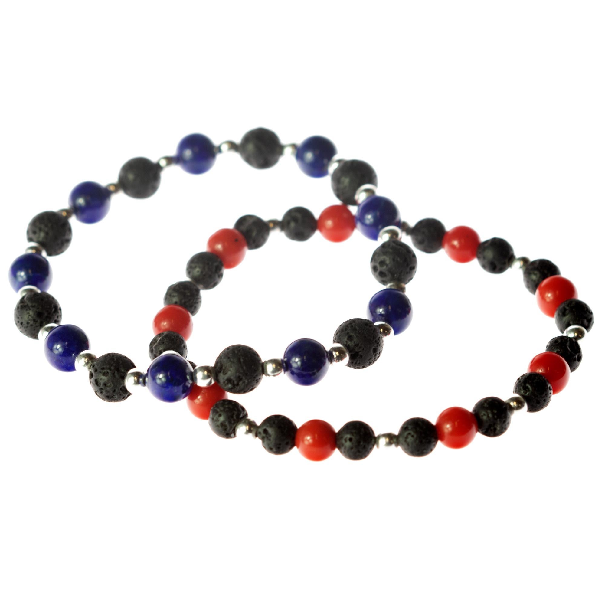Bamboo Coral Silver Lava Stone Stretch Bracelet Men Jewelry Gift for Him In New Condition For Sale In Milano, IT